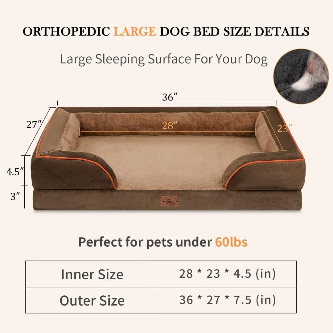 Comfort Expression Cooling Dog Bed Orthopedic, Memory Foam Dog Bed For Large Dogs, Waterproof Dog Beds, Washable Dog Bed With Removable Cover,Pet Bed Dog Sofa With Bolster(Large,Khaki Brown)