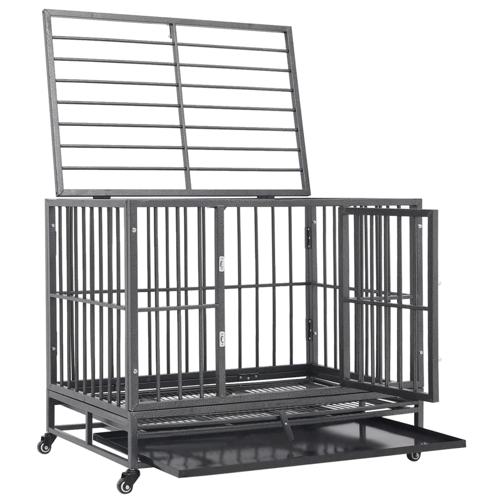 Vidaxl Secure Dog Cage With Wheels, Sturdy Steel Frame With Security Latches, Easy Clean Removable Tray, Optimal Visibility And Ventilation