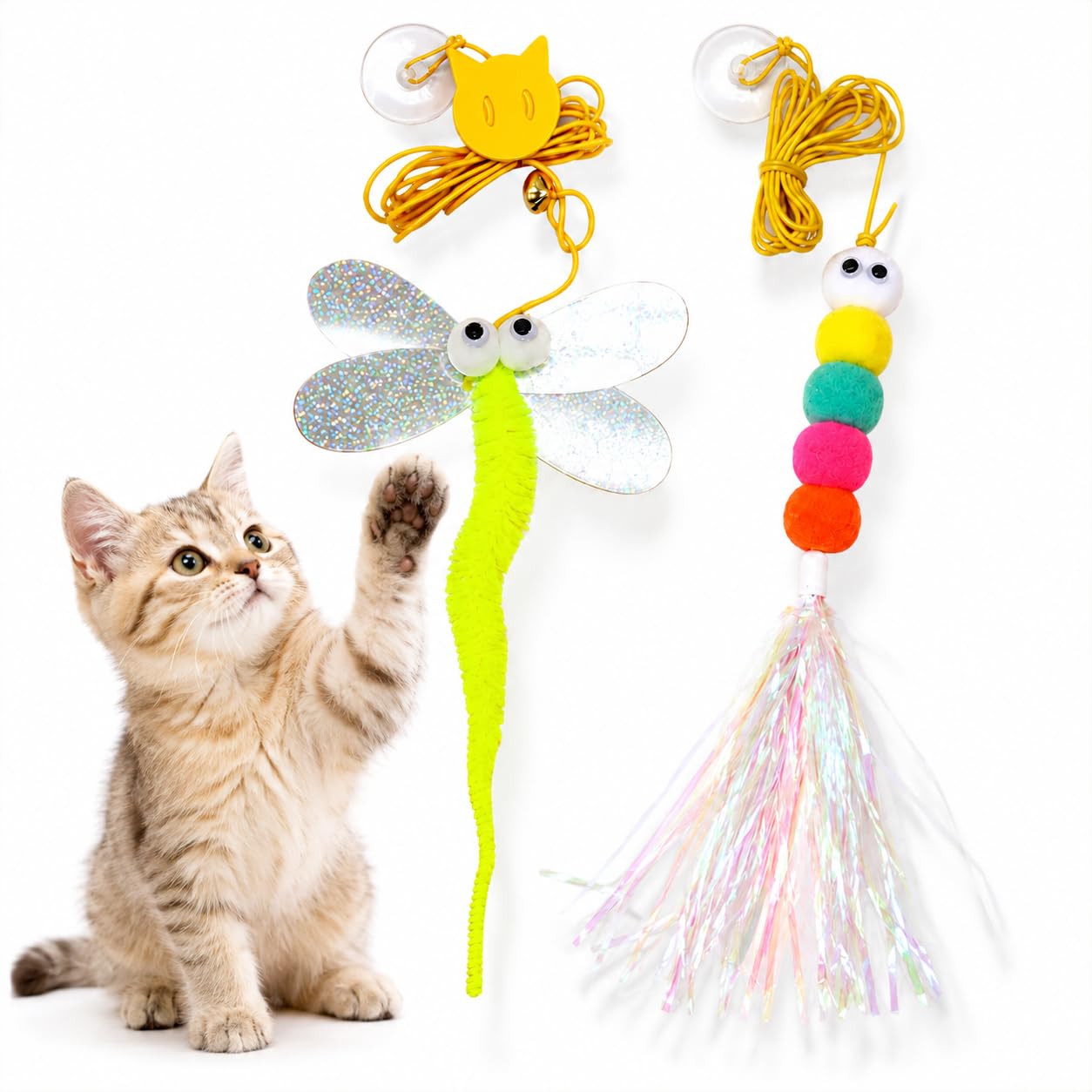 Fexlaro 2 Pcs Hanging Cat Toys With Suction Cup, Elastic Rope & Feather Teaser, Interactive Kitten Toys For Indoor Cats, Home Wi