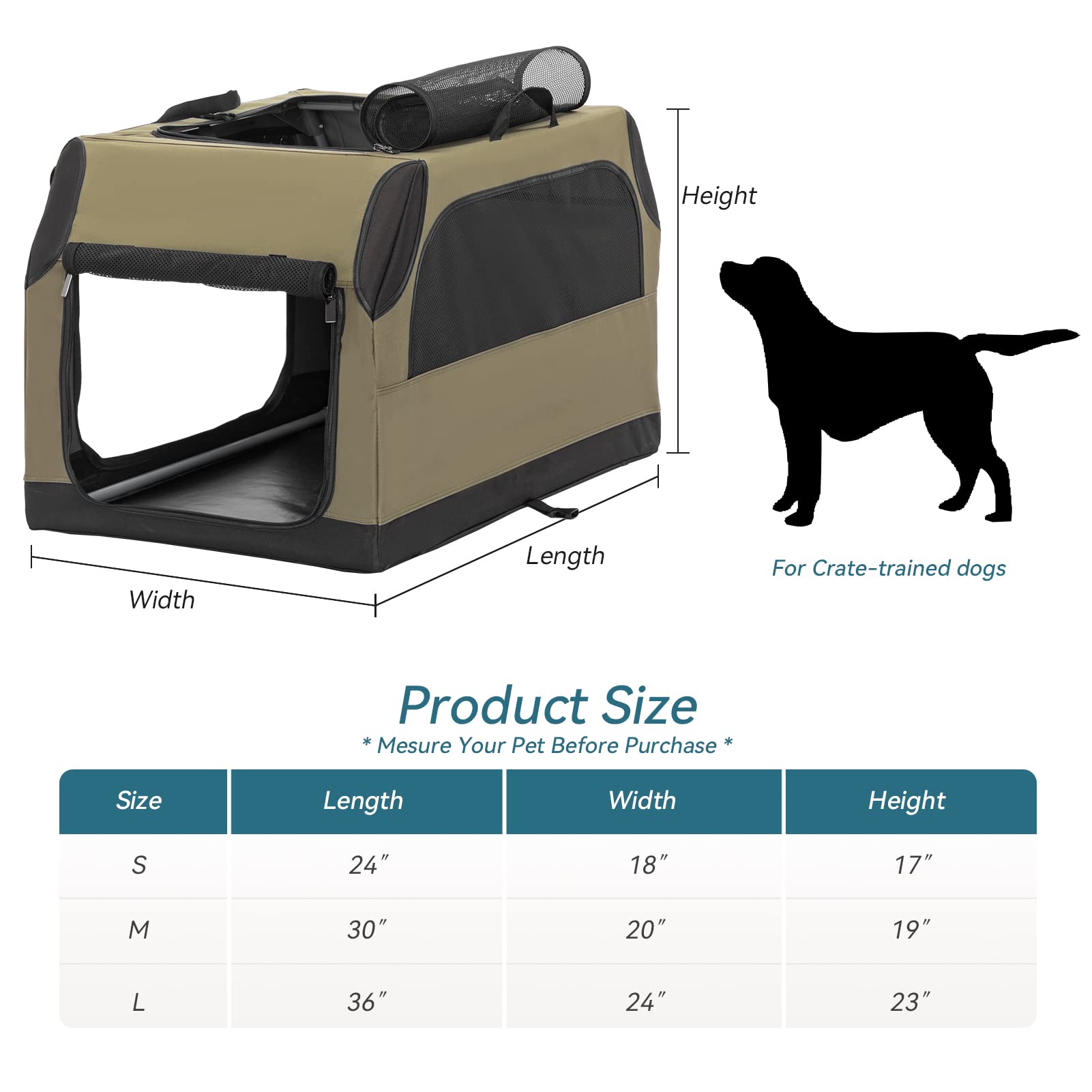 Petsfit Soft Dog Crate With Tilt Angle 36 Inch, Fit For Car Seats And Trunks, Multiple Carrying Options, Chew Proof Ideal For Dog Travel