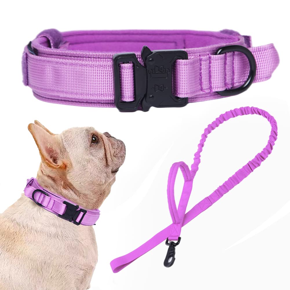 Tactical Dog Collar And Leash Set Tactical Dog Collar With Handle Bungee Leash Adjustable Military Training Nylon Collar Dog Training Collar Leash Set With Control Handleand Metal Buckle(Purple S