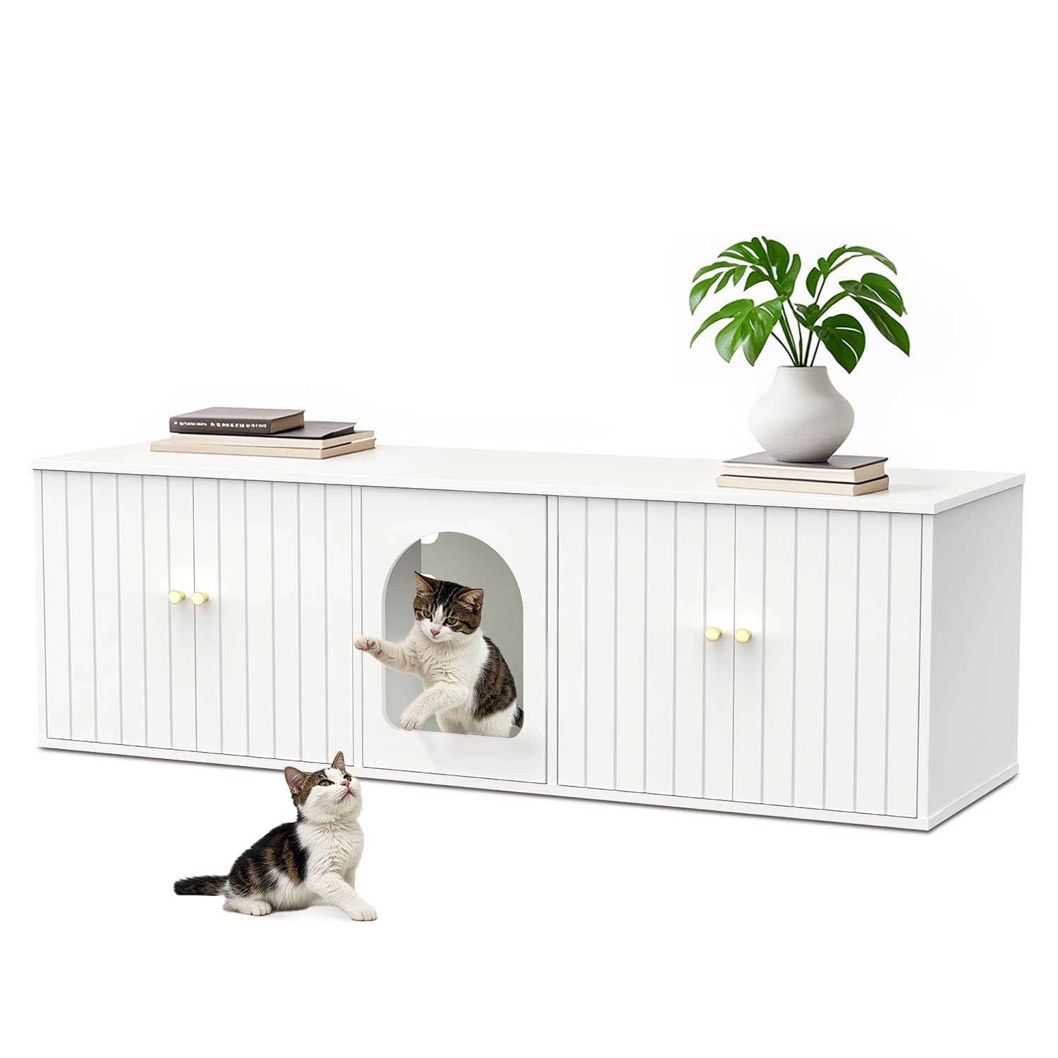 Cat Litter Box Enclosure For 2 Cats, Litter Box Furniture With Double Room, Central Entry, And Dual Use As Tv Stand For Living R