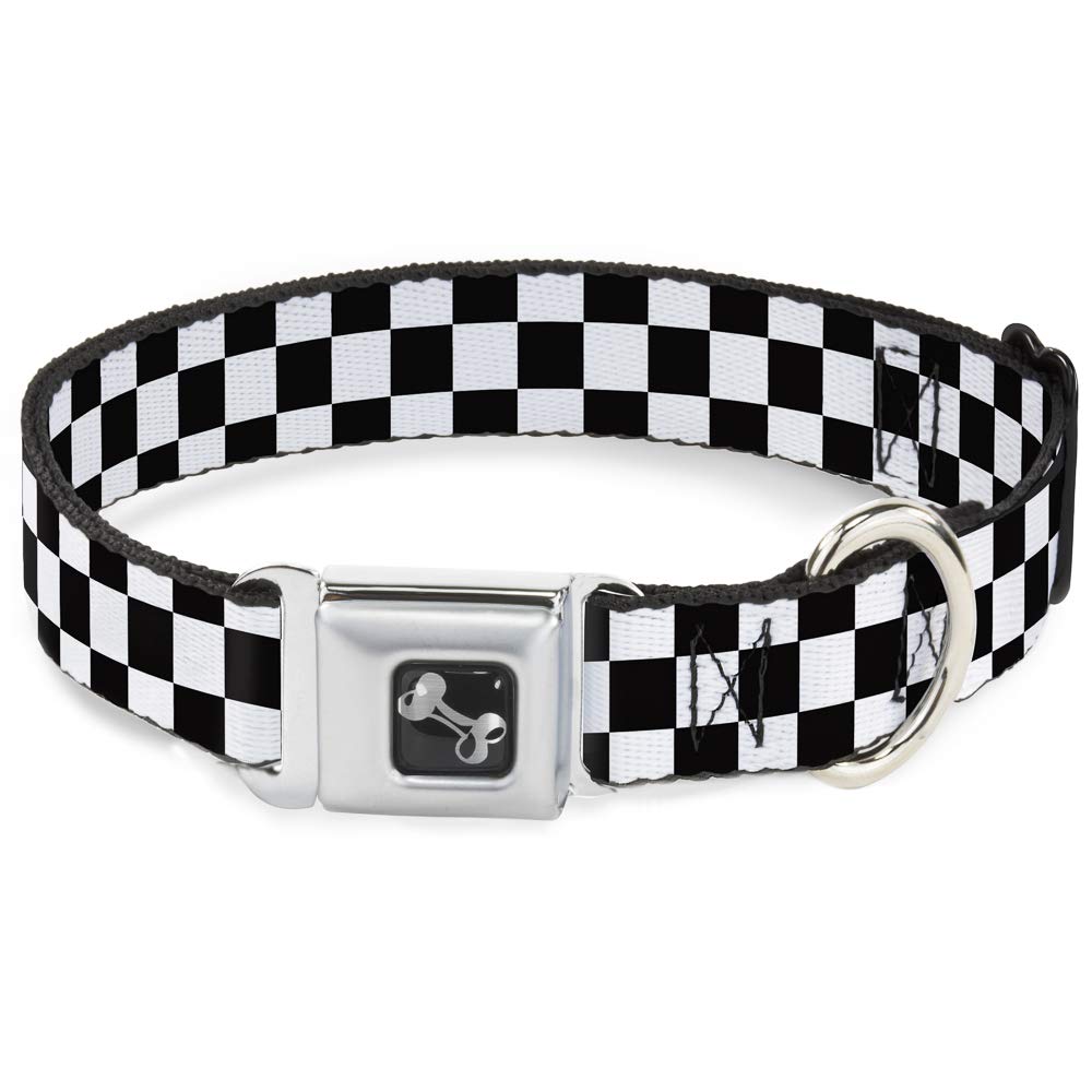 Buckle-Down Checker Black/White Dog Collar Bone, Medium/11-17'
