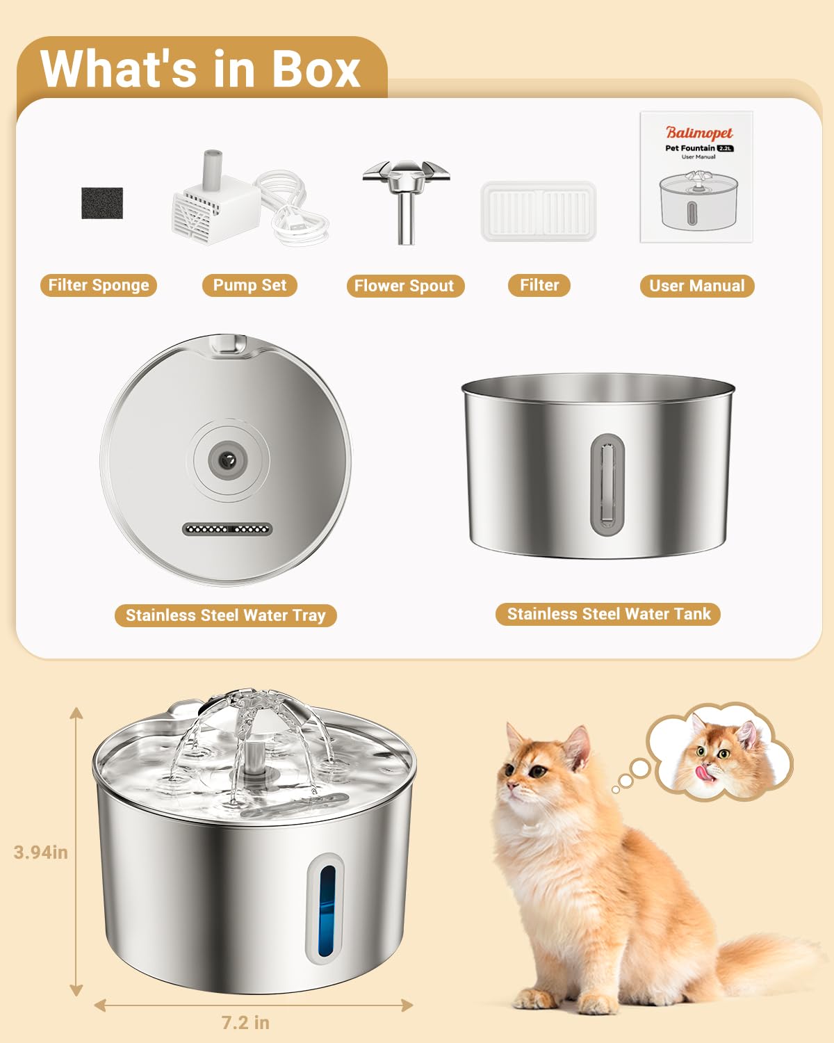 Cat Water Fountain Stainless Steel - 74oz/2.2L Pet Dog Water Dispenser Automatic Silent Cats Dispenser for Drinking Indoor Metal