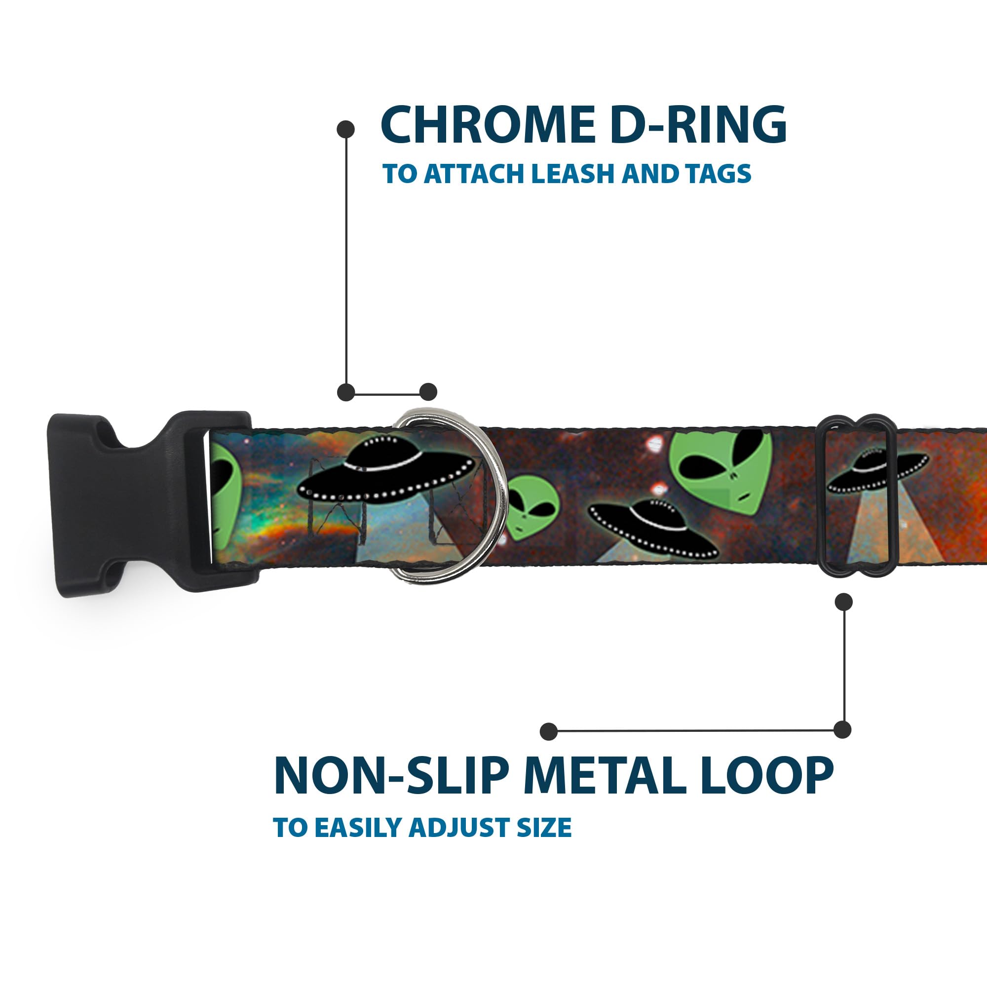 Buckle-Down Pc-W30163-L Aliens & Ufo'S Galaxy/Green/Black/White Plastic Clip Collar, Large/15-26'