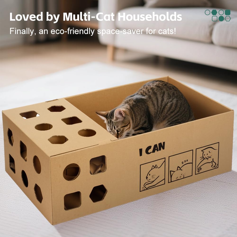 3-In-1 Multi-Functional Cardboard Cat Scratcher Box With Double-Sided Scratch Pad And Interactive Toy Assortment - Includes Refi