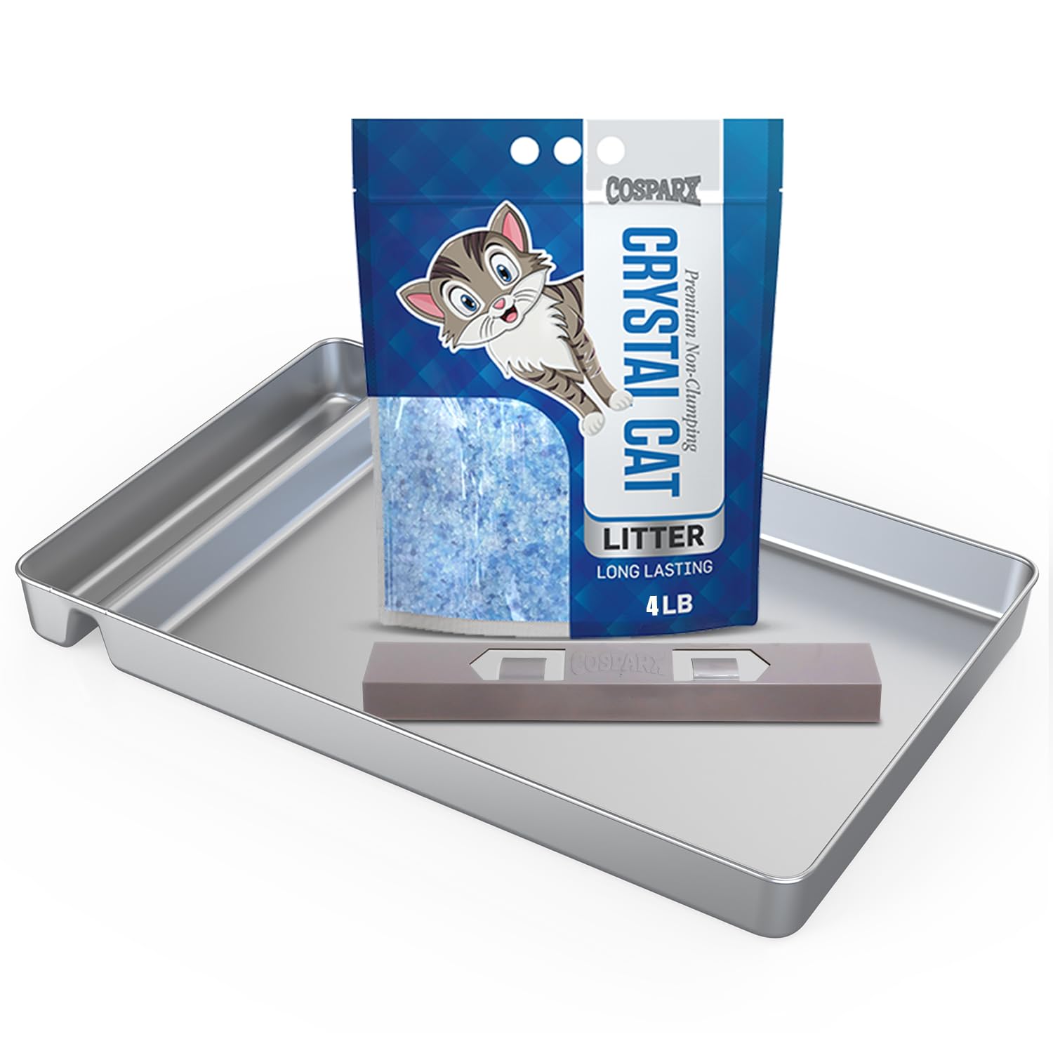 Stainless Steel Litter Tray Compatible With Pet Safe Litter Box, Upgraded Waste Extender, Included With 4Lb Crystal Cat Litter, 
