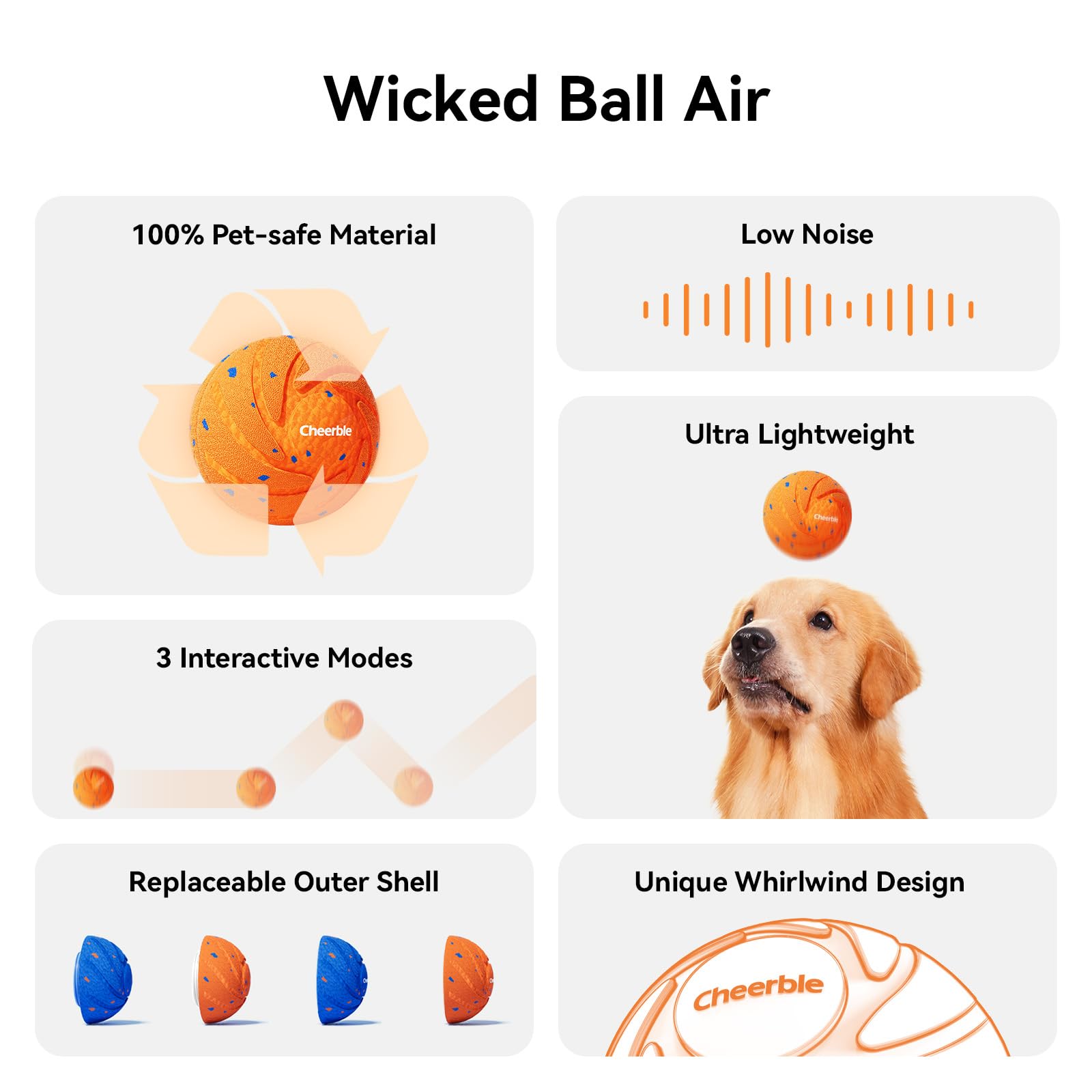 Cheerble Smart Interactive Dog Toy, Wicked Ball Air, Automatic Moving, Bouncing, Rotating, Ipx7 Waterproof Rating, Active Rollin