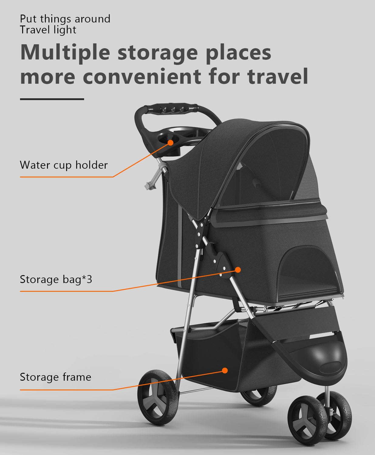 Os Motor Pet Stroller With 3 Wheels For Small/Medium Pets, Portable Travel Foldable Carrier Jogger For Dog Cat Puppy Kitty, Rear