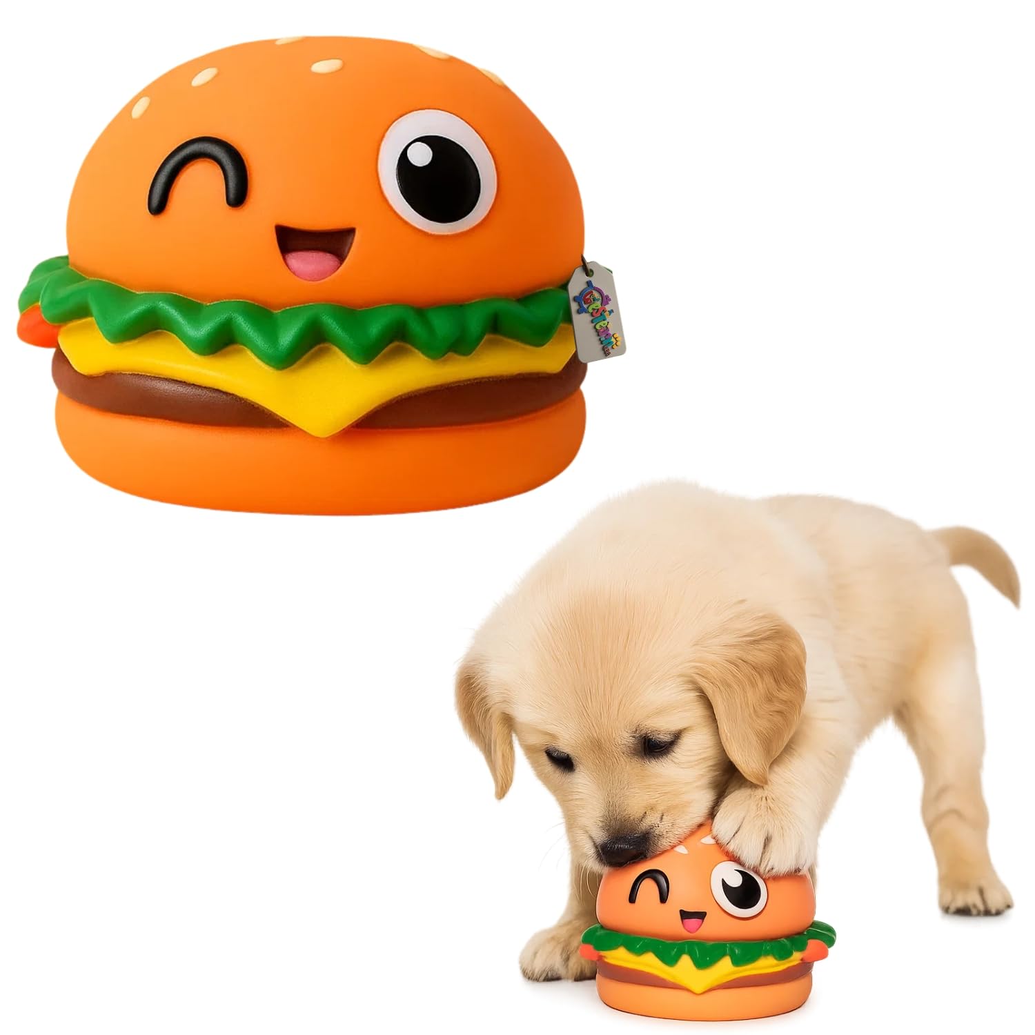 Western Era Wink Face Burger Dog Squeaky Toy | Funny Cartoon Cheeseburger Design With BuiltIn Squeaker | Soft Chew Toy For Dogs
