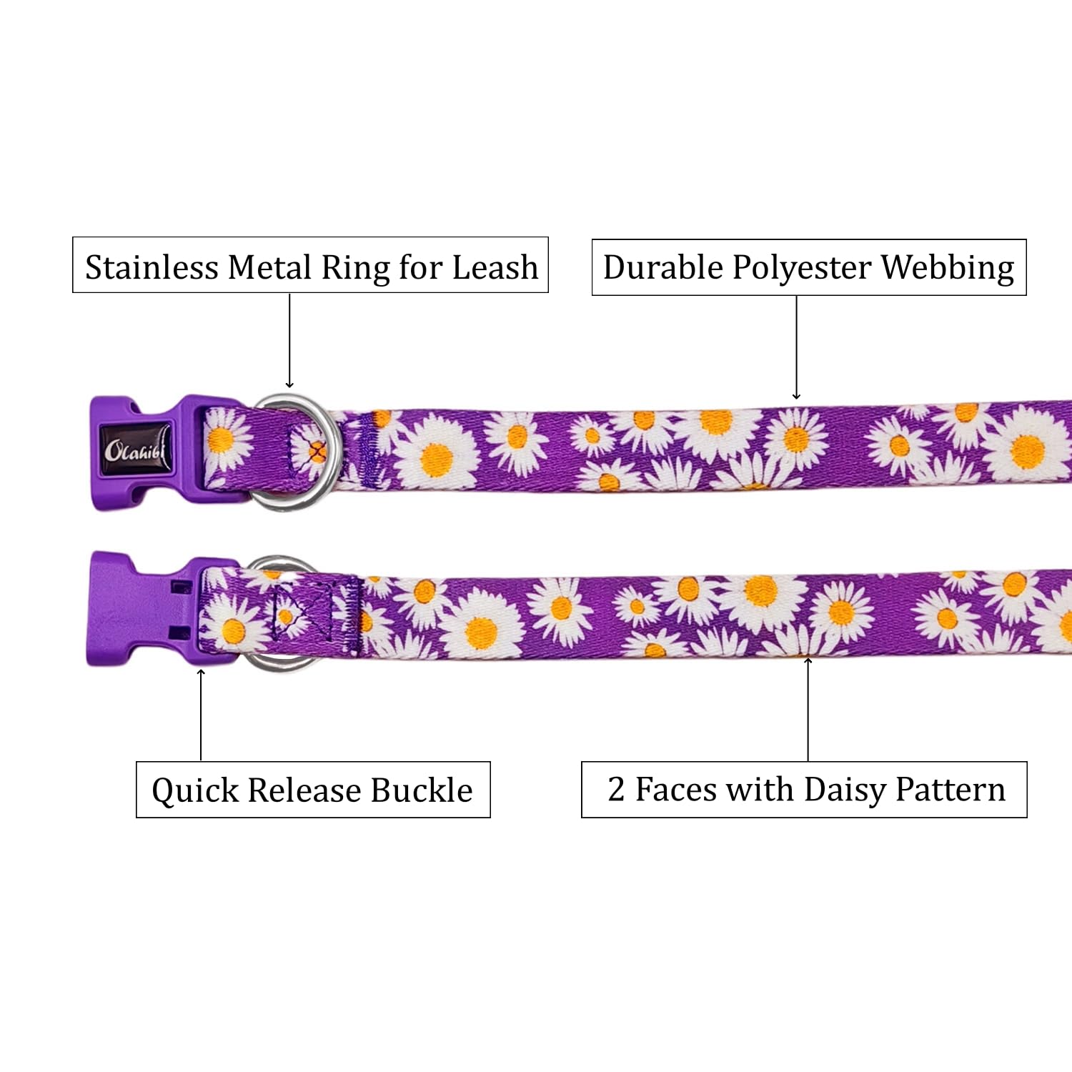 Olahibi Dog Collar And Leash Set, Cute Daisy Pattern, Polyester Material, 5Ft Leash, For Small Dogs.(Small,Purple Daisy)