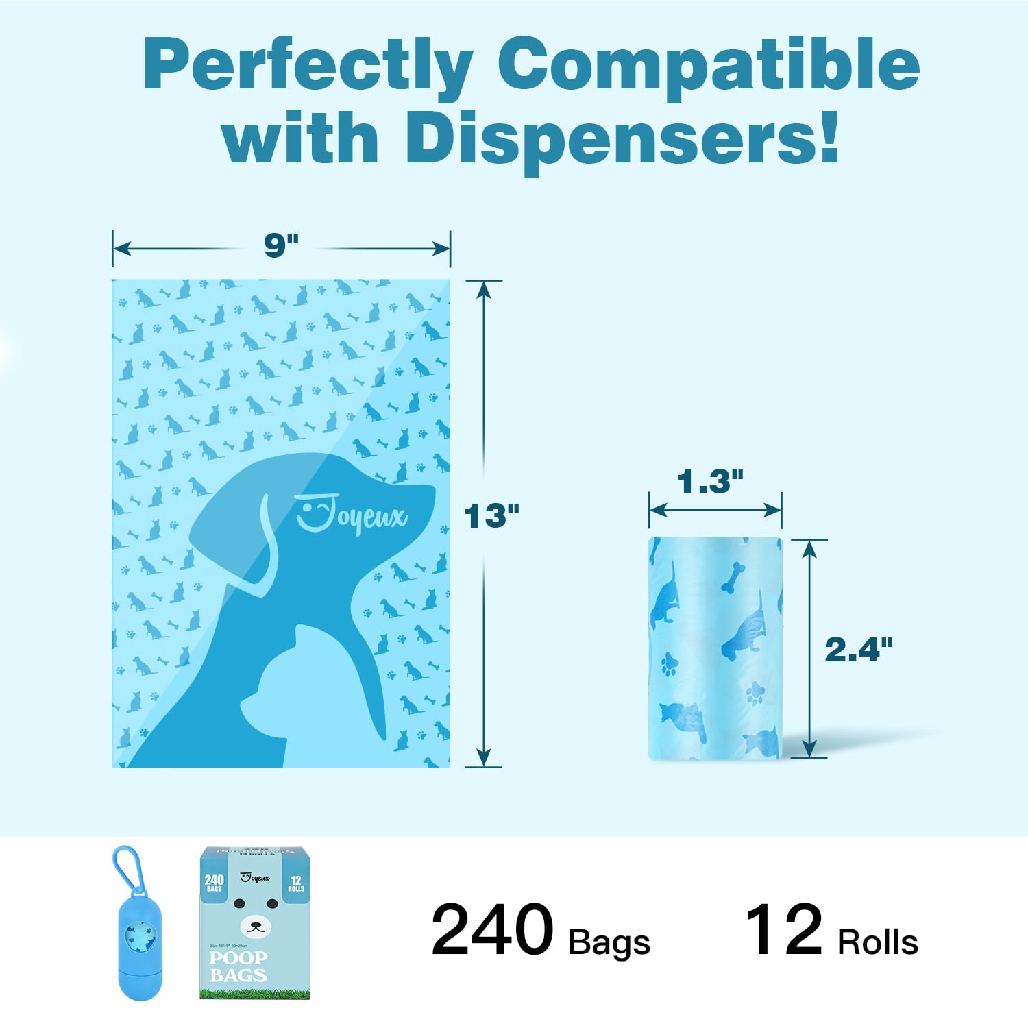 Joyeux 240 Count Ocean Scent Dog Poop Bags Rolls,With Dispenser,Leak-Proof Large Doggie,Extra Thick Poop Bag For Dogs,Cats Litte