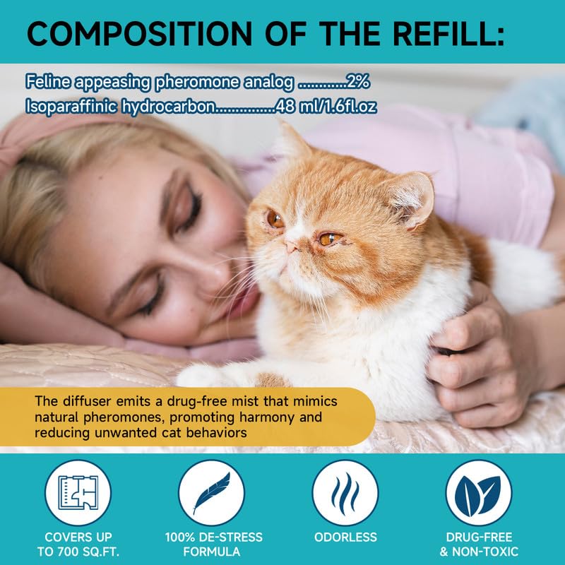 Woyamay Cat Calming Diffuser Kit - 3-in-1 with 1 Diffuser & 2 Refills, 48ml, Model CC02 - Relieves Cat Anxiety for 60