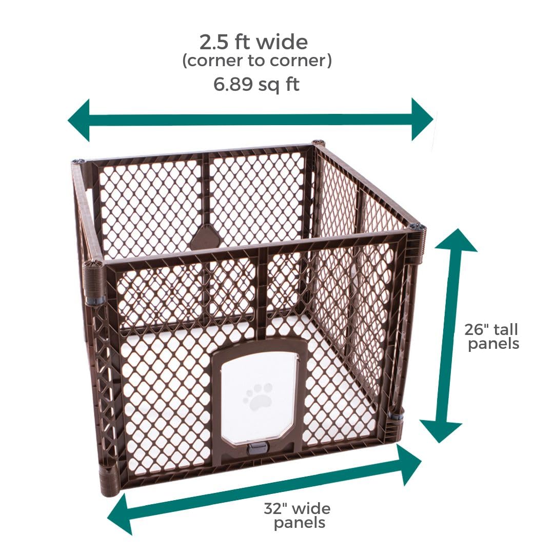 Mypet North States Petyard Passage: 4-Panel Folding Dog Playpen Indoor Or Outdoor. 7 Sq. Ft. Puppy Playpen, Lockable Pet Door. Freestanding Play Pen Dog Gate. Made In Usa. 26' Tall, Brown