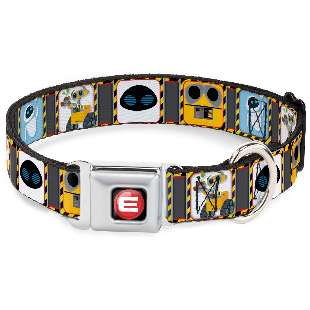 Dog Collar Seatbelt Buckle Wall E Eve Pose Face Hazard Blocks Gray Yellow Black 18 To 32 Inches 1.5 Inch Wide