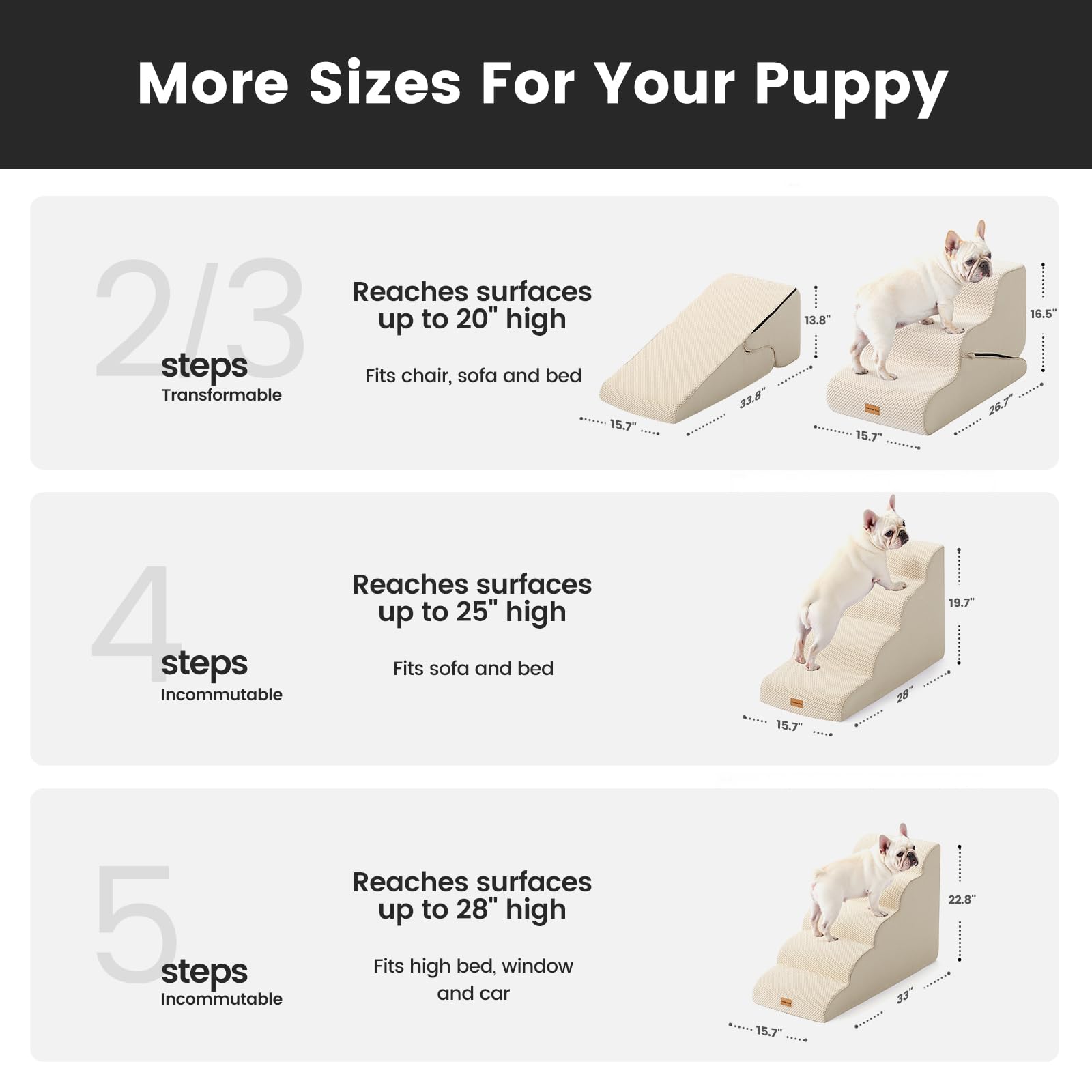 Gardner Pet Dog Stairs for Small Dogs 19.7 H, 4-Step Beige Curved Pet Stairs, Dog Steps for High Bed (18-24 in), Couch with Dura