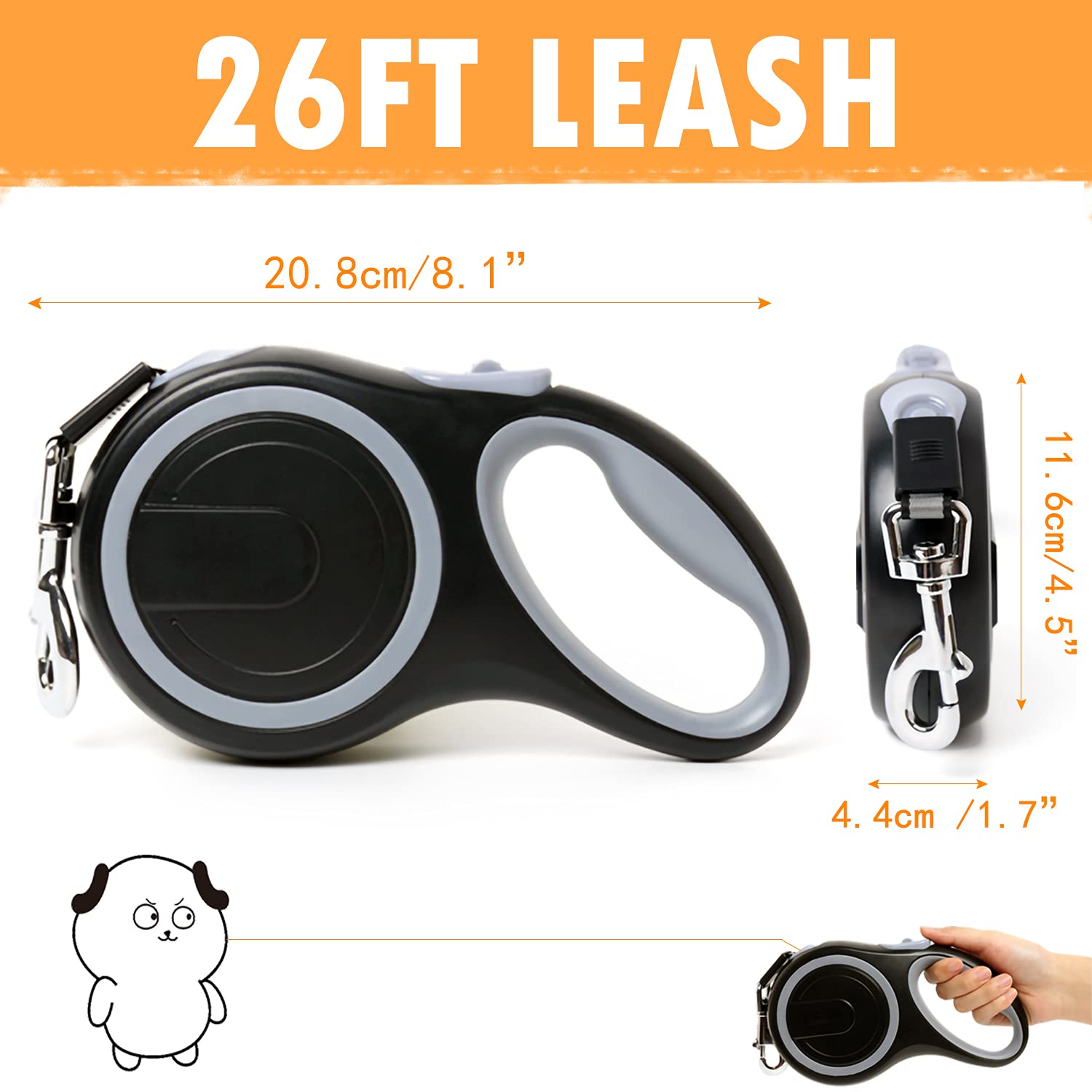 26Ft Retractable Dog Leash, Heavy Duty Great Leash For Dog Up To 110 Lbs, Anti-Slip Rubberized Handle, One-Handed Brake, Strong