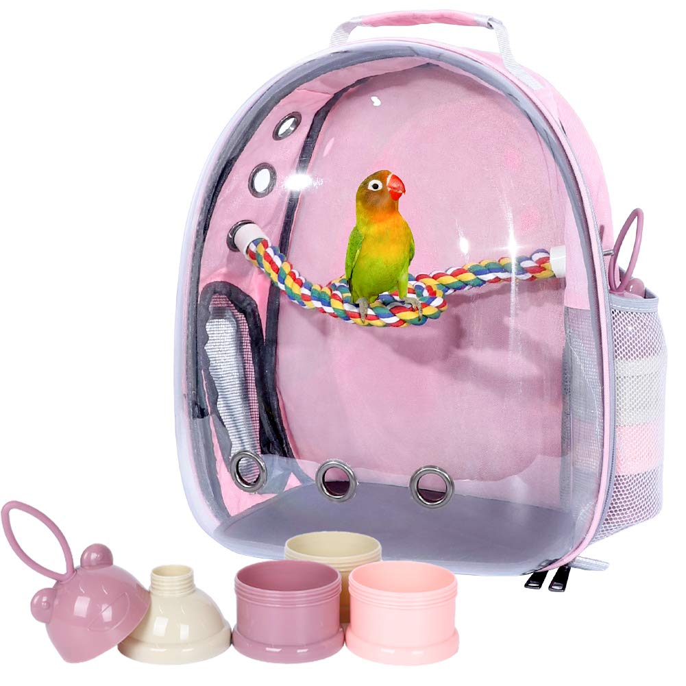 Pink Bird Backpack Carrier with Portable Bird Feeder Cups, Pet Bubble Carrier for Pet Birds, Airline-Approved, Ventilate Transpa