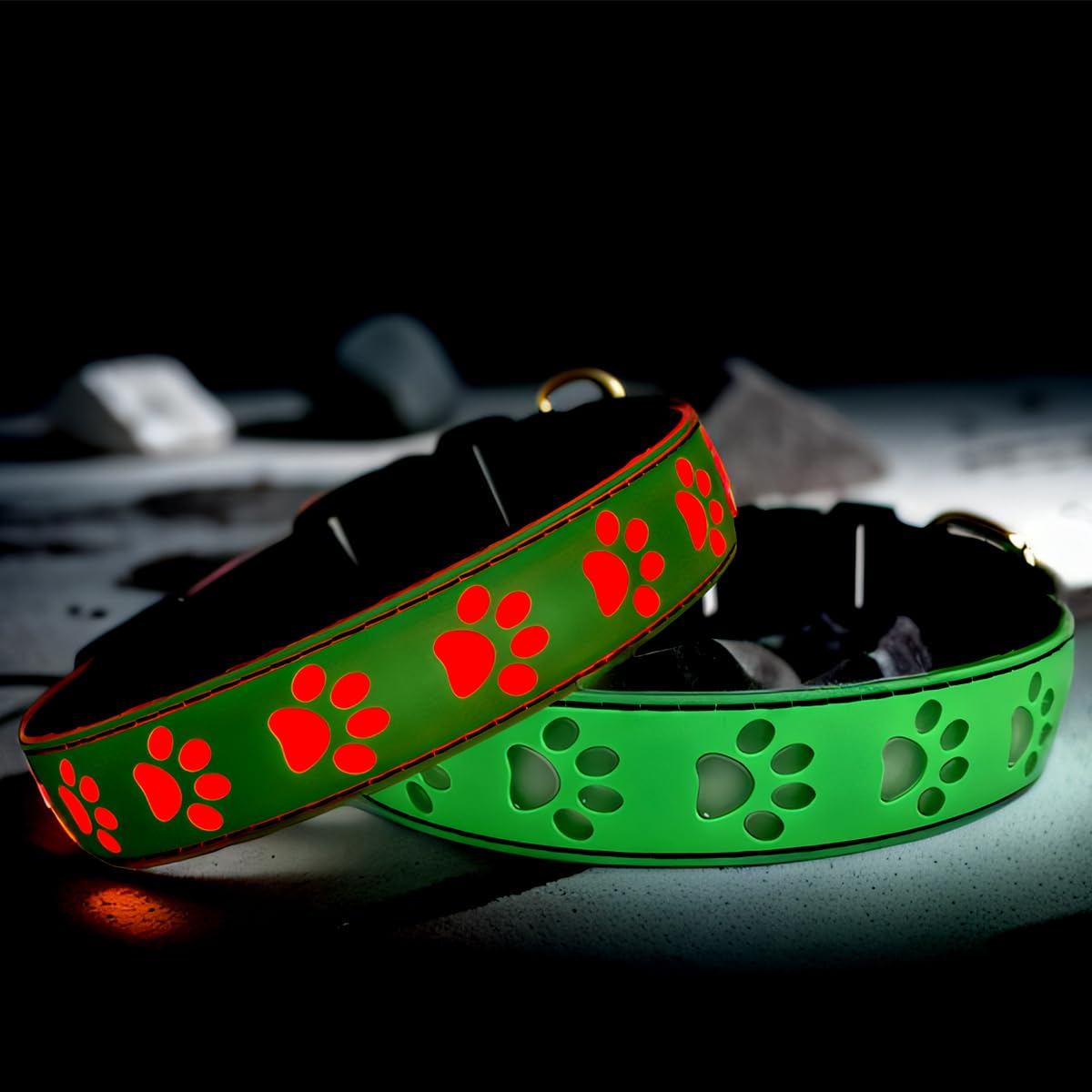 Dogled Led Light Up Dog Collar, Usb-C Rechargeable, Multicolor Paw Print Design, 15 Modes Lighting Night Safety (Green, M(11.8-1