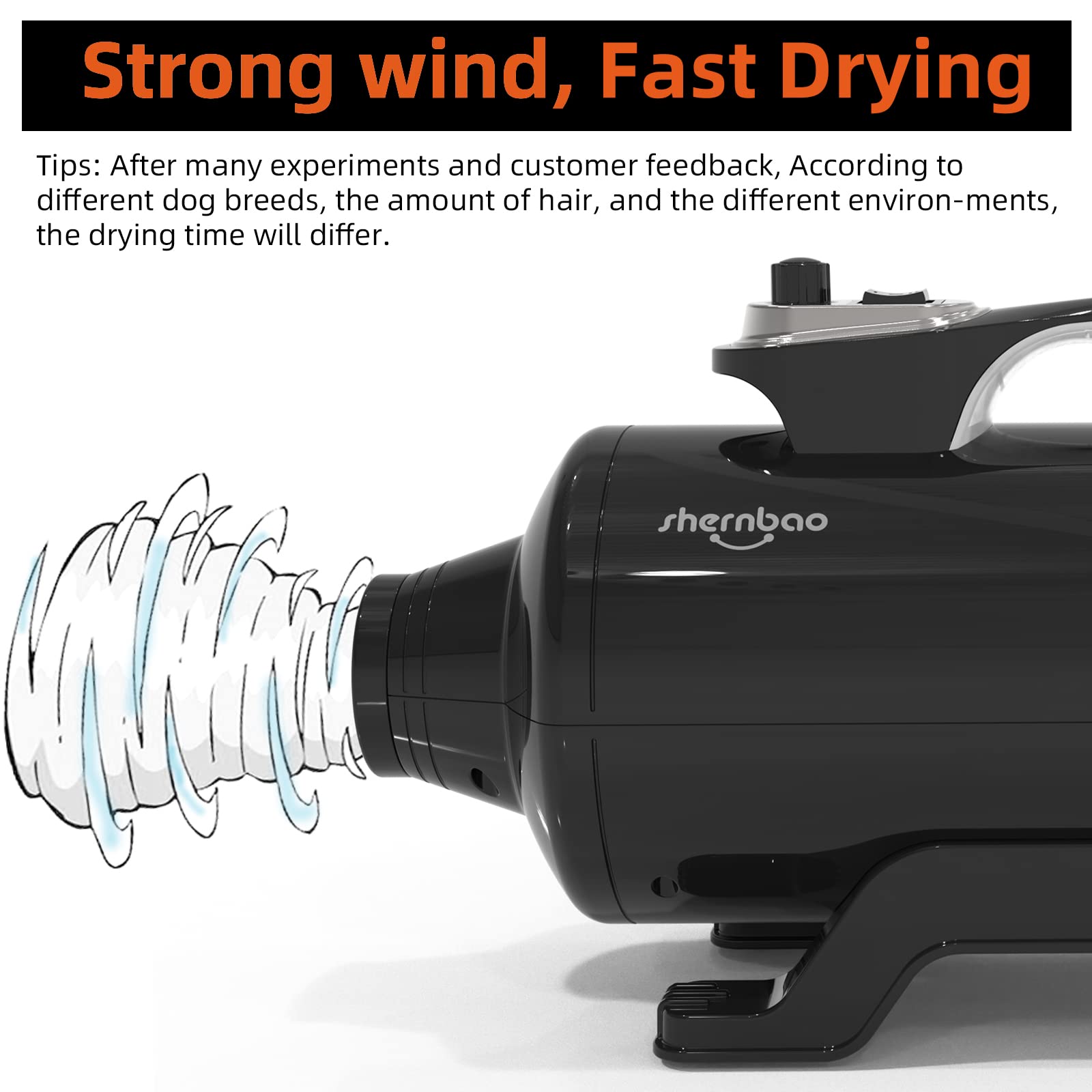 shernbao 6.0HP High Velocity Dog Dryer Blower - Professional Pet Grooming Hair Drying, Jet Black (Model DHD-2400T)