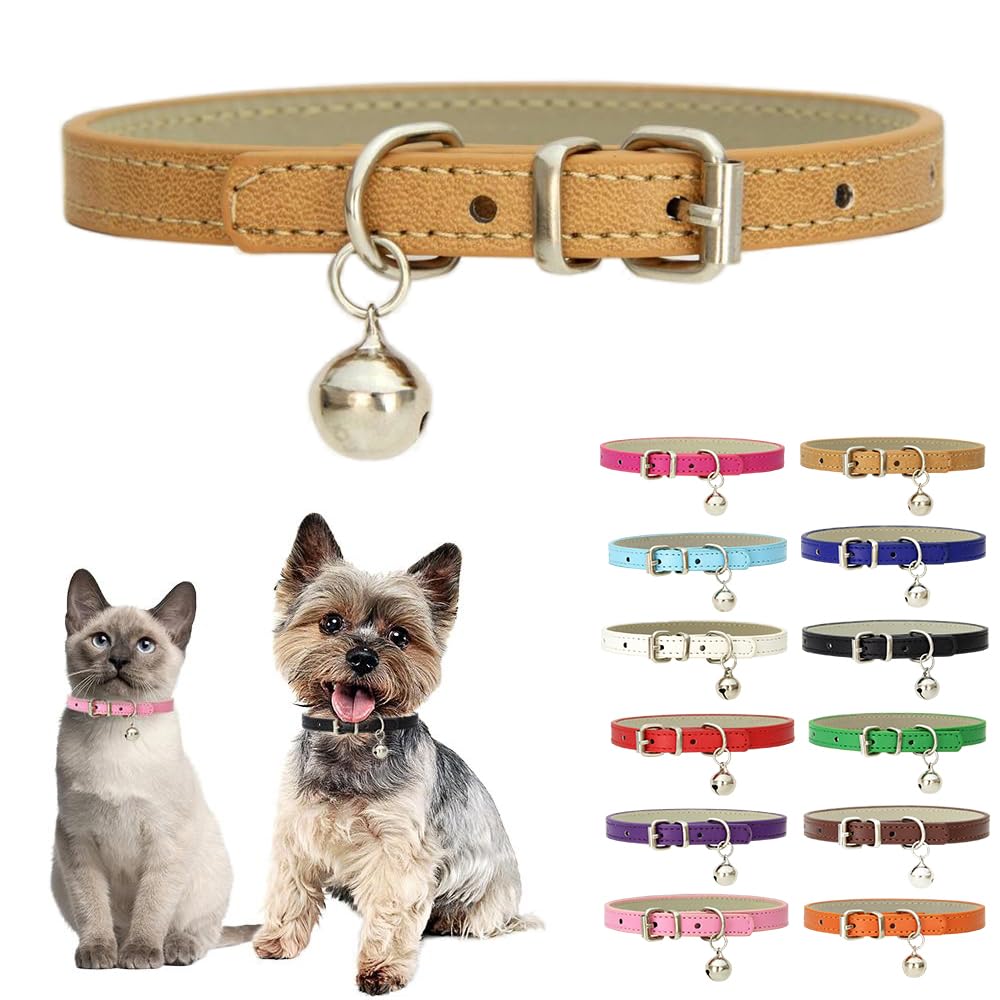 Khaki Xs Dog Collar With Bell,Soft Pu Leather Female Puppy Collar With Bells Basic Girls Cat Collar With Bells For Xxs Xsmall Sm