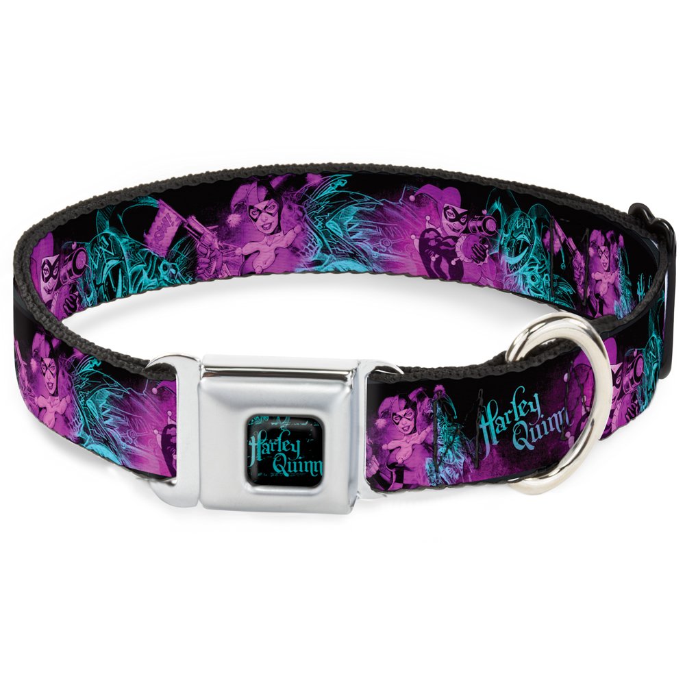 Dog Collar Seatbelt Buckle Harley Quinn Pow Aiming Poses Joker Black Turquoise Fuchsia 15 To 26 Inches 1.0 Inch Wide