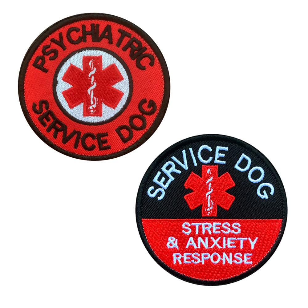 Zcketo 2 Packs Red Round 3.15 Inch Embroidered Dog Patch - Psychiatric & Emt Service Dog Stress & Anxiety Response - Hook & Loop