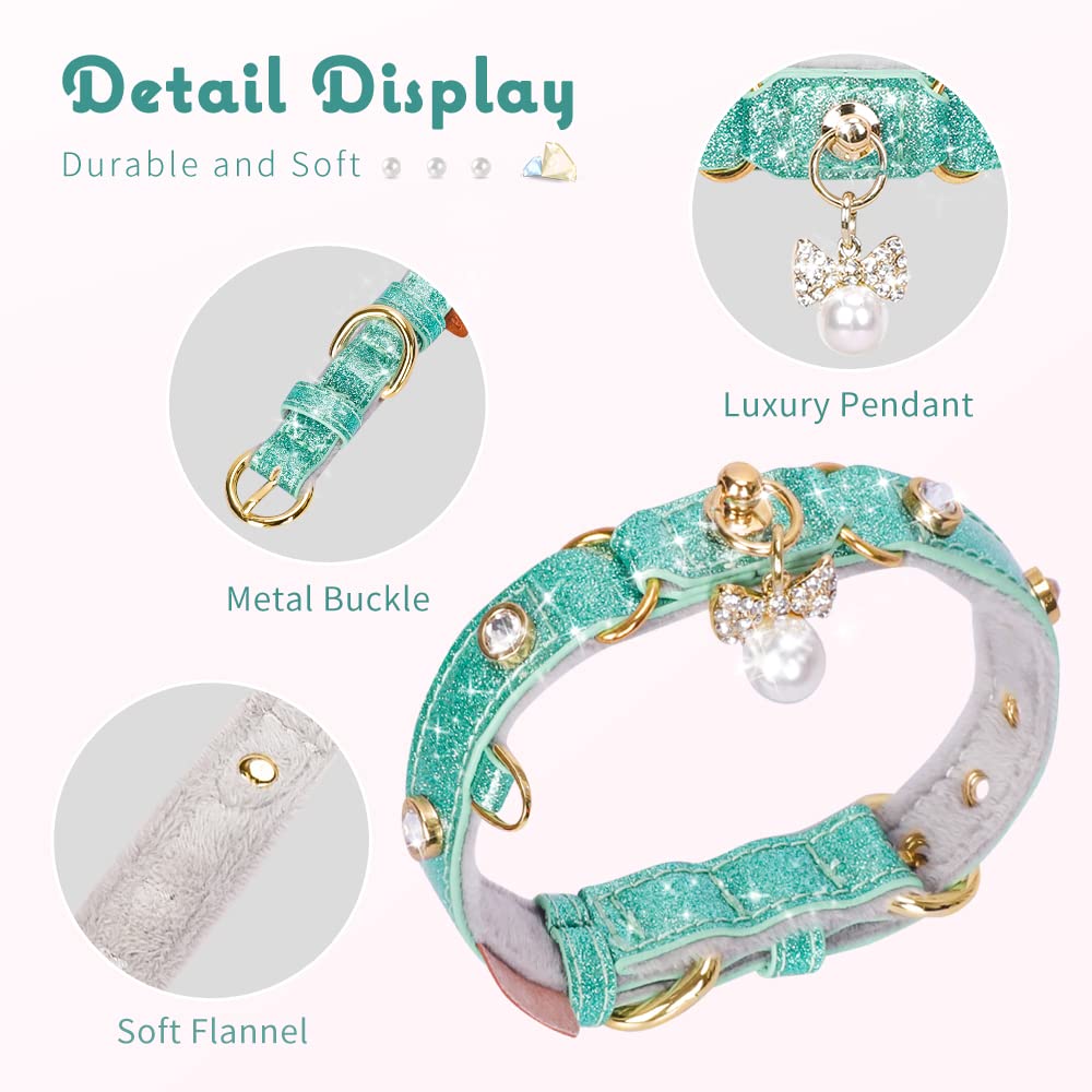Petshome Cat Collar, Dog Collar, [Bling Rhinestones] Pu Leather Adjustable Pet Collar With Luxury Pendant For Cat And Small Dog Extra Small Mint Green