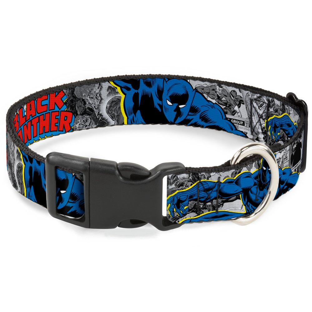 Buckle-Down 'Black Panther Action Poses/Stacked Comics Grays/Yellow/Blue/Red' Plastic Clip Collar, 1' X 9-15'/Small