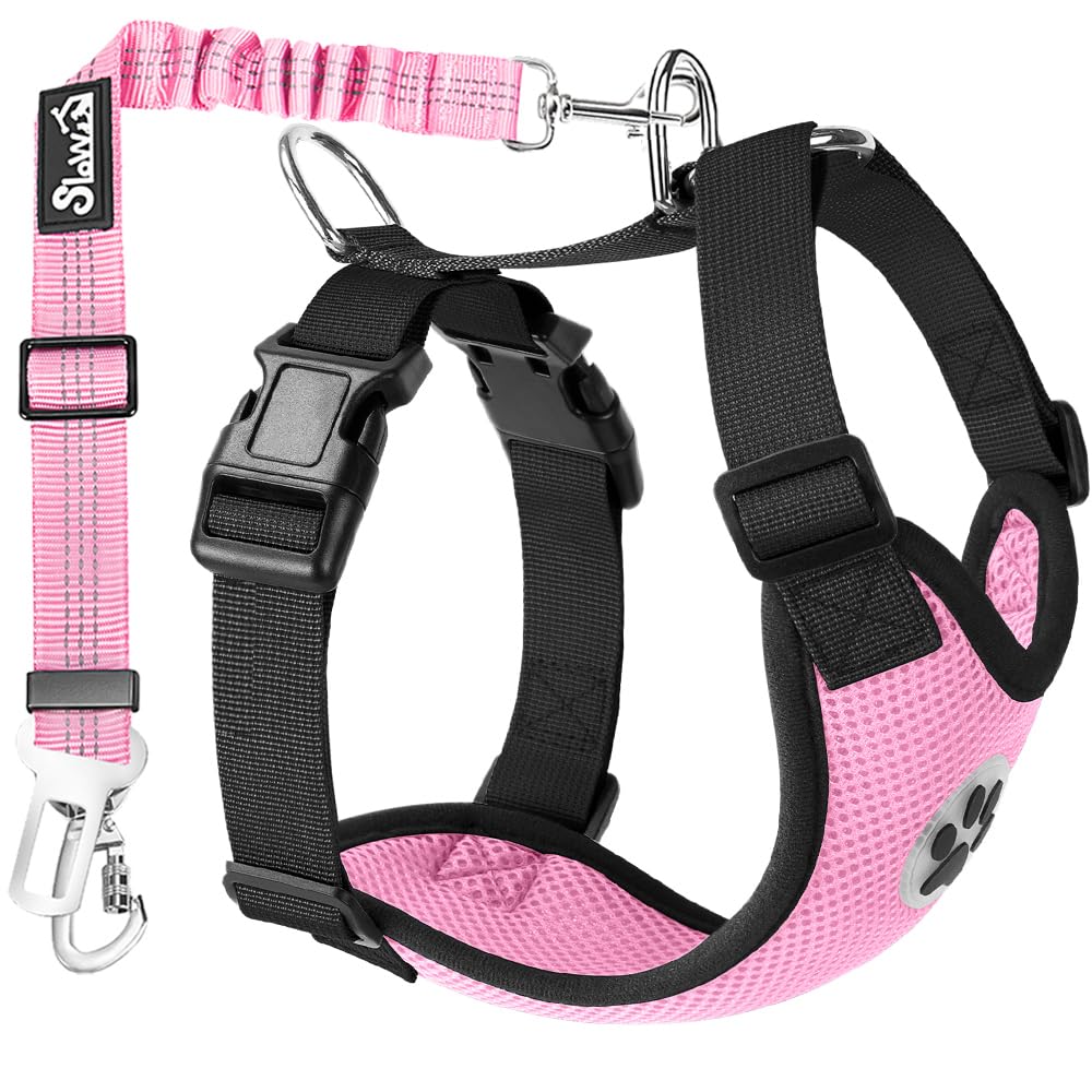 Lukovee Dog Safety Vest Harness With Seatbelt, Dog Car Harness Seat Belt Adjustable Pet Harnesses Double Breathable Mesh Fabric With Car Vehicle Connector Strap For Dog (Small, Pink - Double Clip)