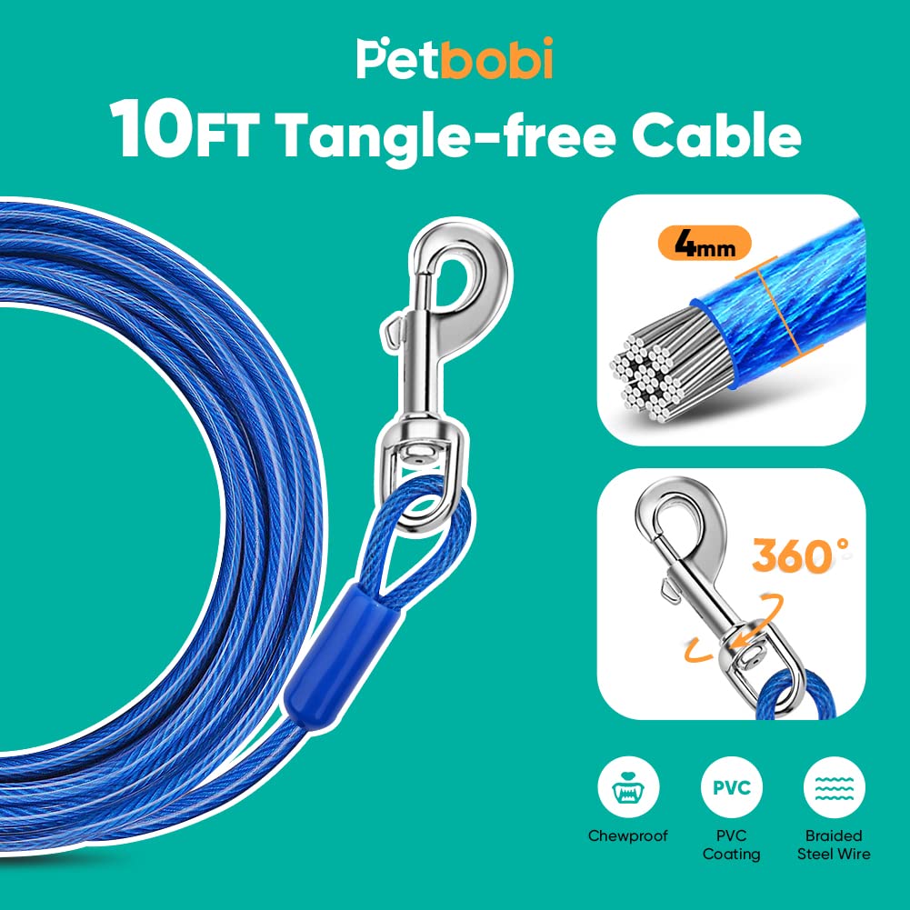 Petbobi Dog Runner For Yard 50Ft, Dog Tie Out Cable For Camping With 10Ft Dog Run Wire Cable, Portable Reflective Dog Lead Line With 360° Tangle Free &Heavy-Duty Clasp For Yard, Park, Black