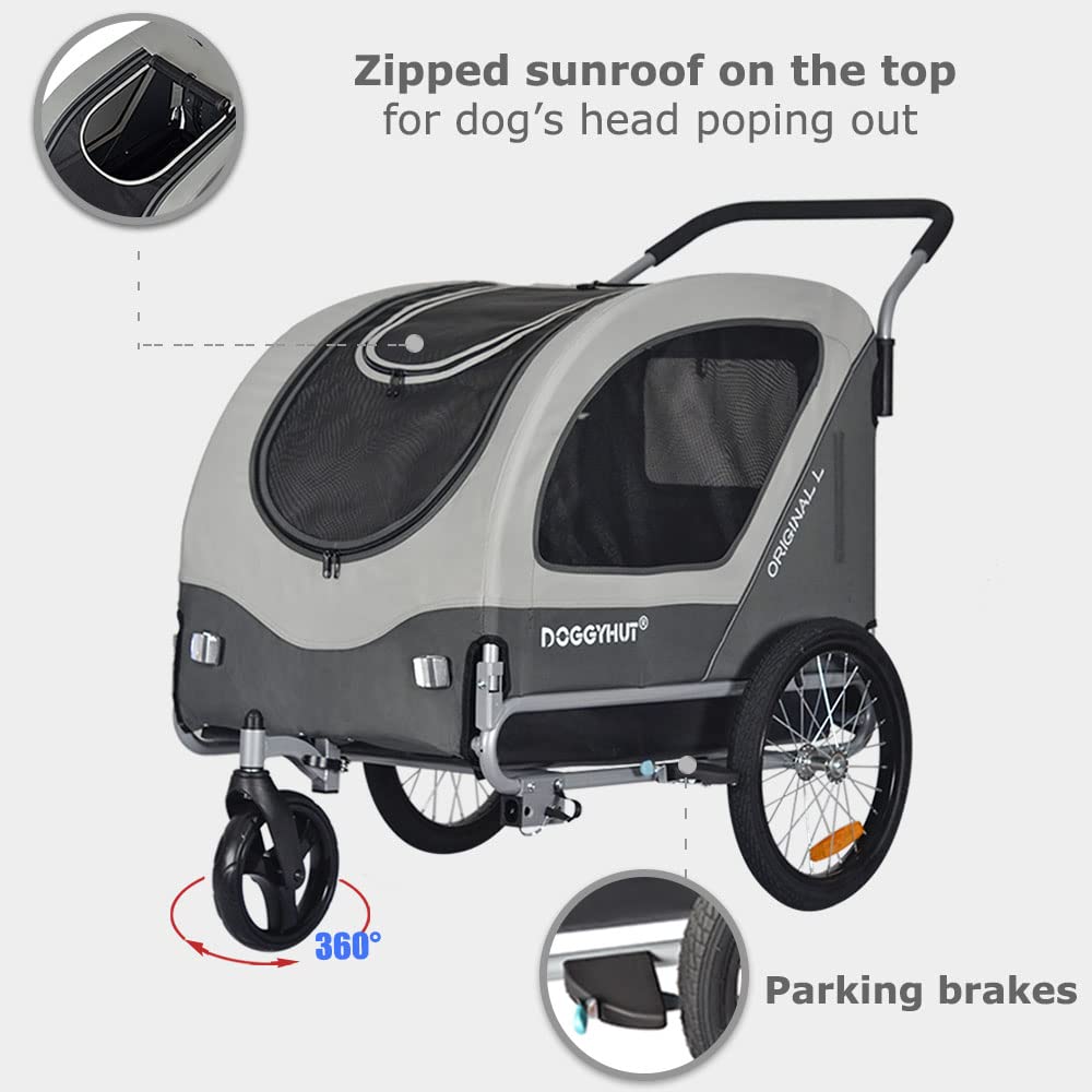 Doggyhut Original Large Pet Bike Trailer & Stroller 2-In-1,For Dogs Up To 78 Lbs,Parking Brakes,Easy Folding Cart Frame, Quick R