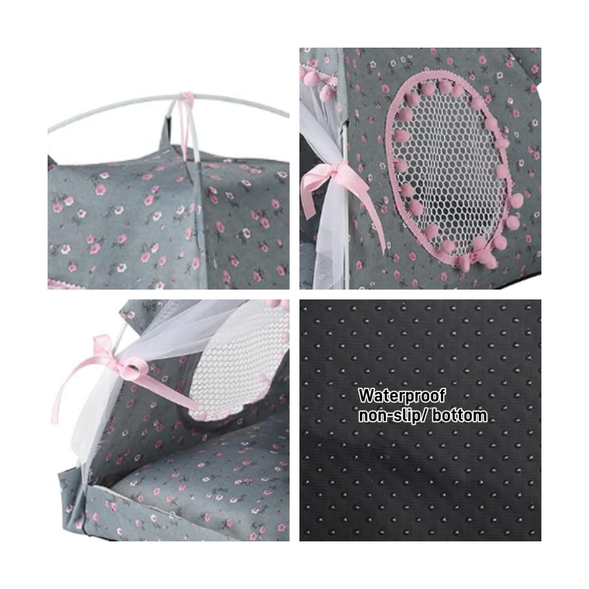 Cat Bed Tents Dog House Indoor Outdoor Lace Mesh Breathable Windows Door Curtains Removable Portable Nest Teepe House (Small,Gra