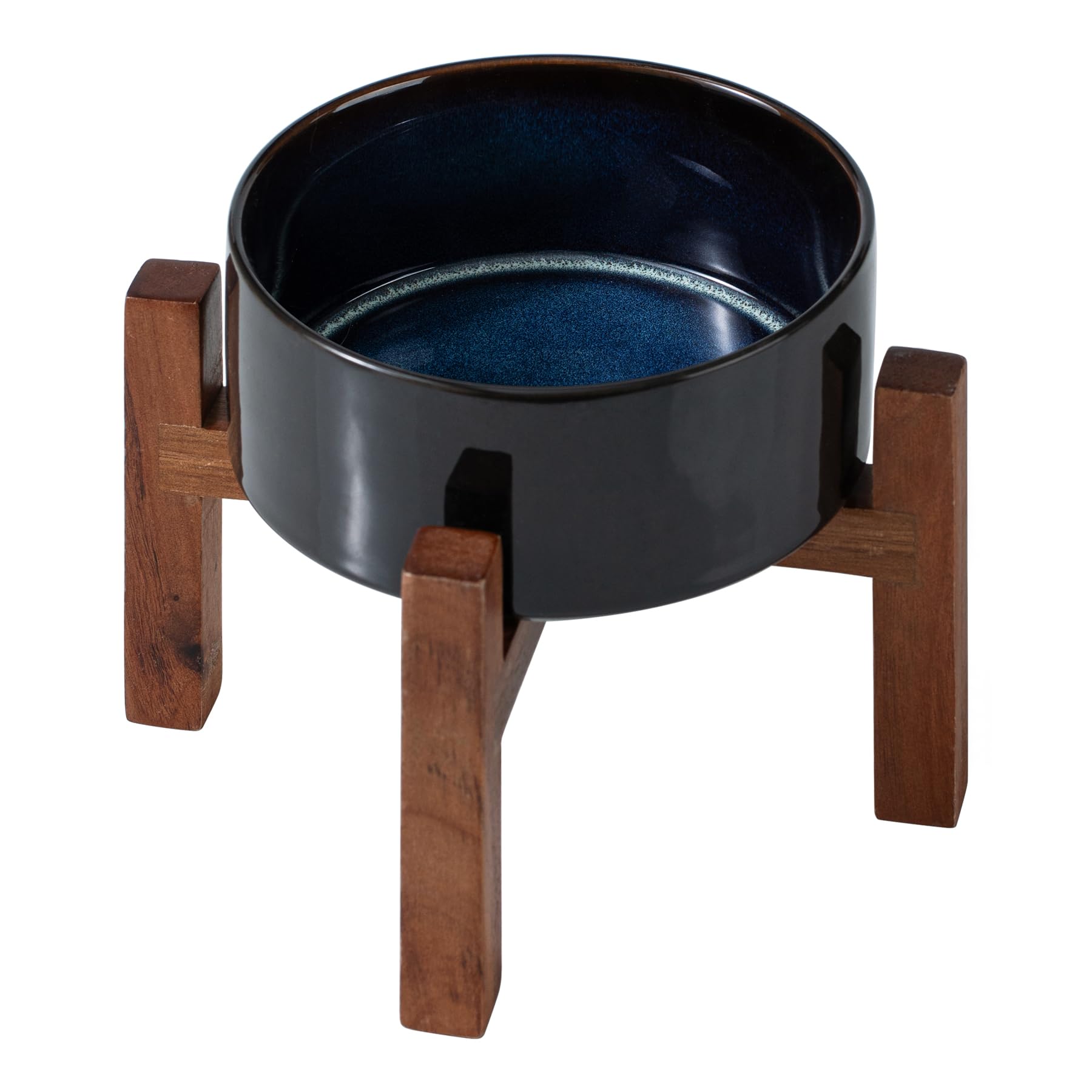 Havniva Ceramic 6.1inch Raised Dog and Cat Bowl Set, 2 Heights Elevated Wooden Stand for Small Breed Dogs, Weighted Pet Food and