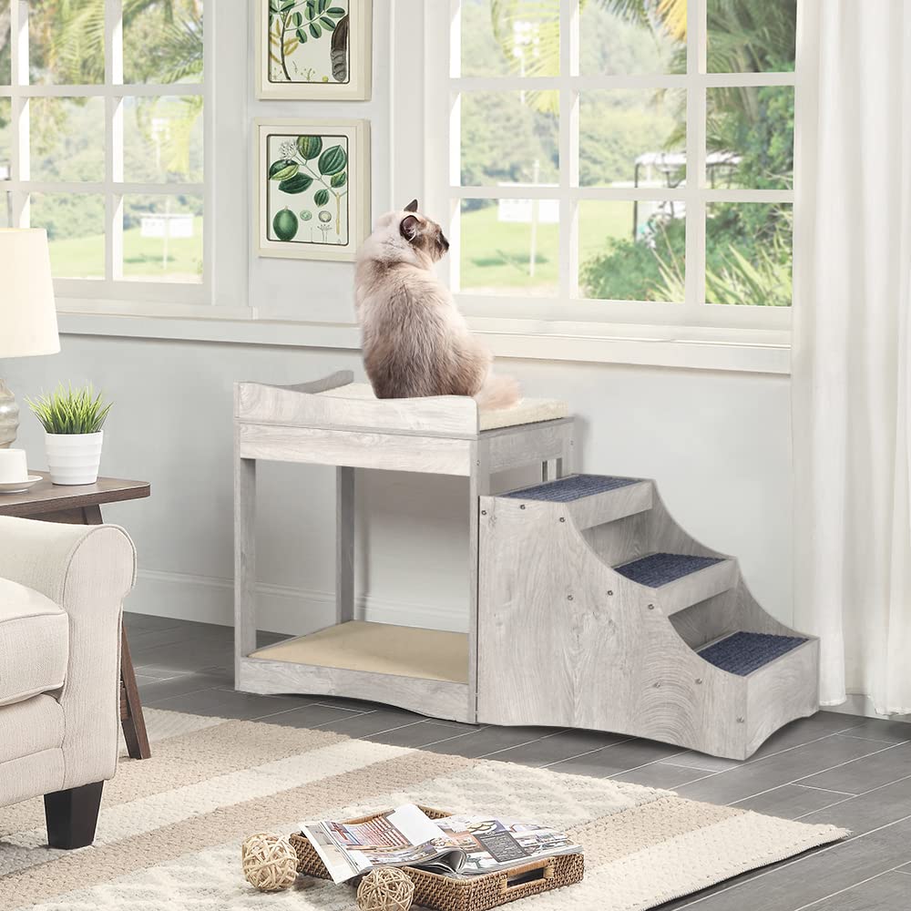 unipaws Pet Bunk Bed with Removable Step, Engineered Wood, Multi-Level Cat & Dog Perch, Indoor Use, Wood Color
