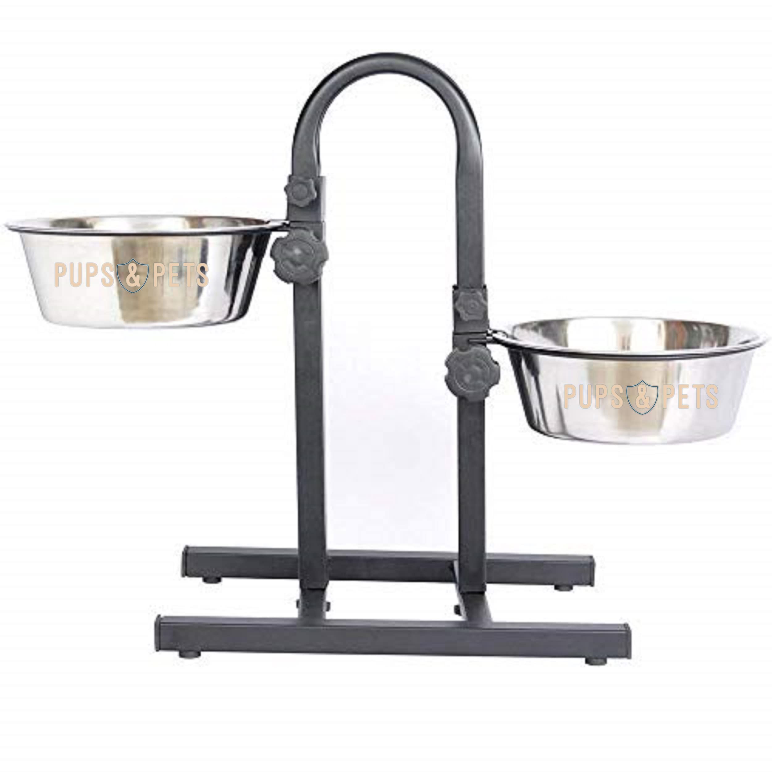 Pups&Pets Adjustable Stainless Steel Double Diner Food & Water Feeding Bowls Stand For Dogs & Puppies (Set Of 2 Bowls With USta