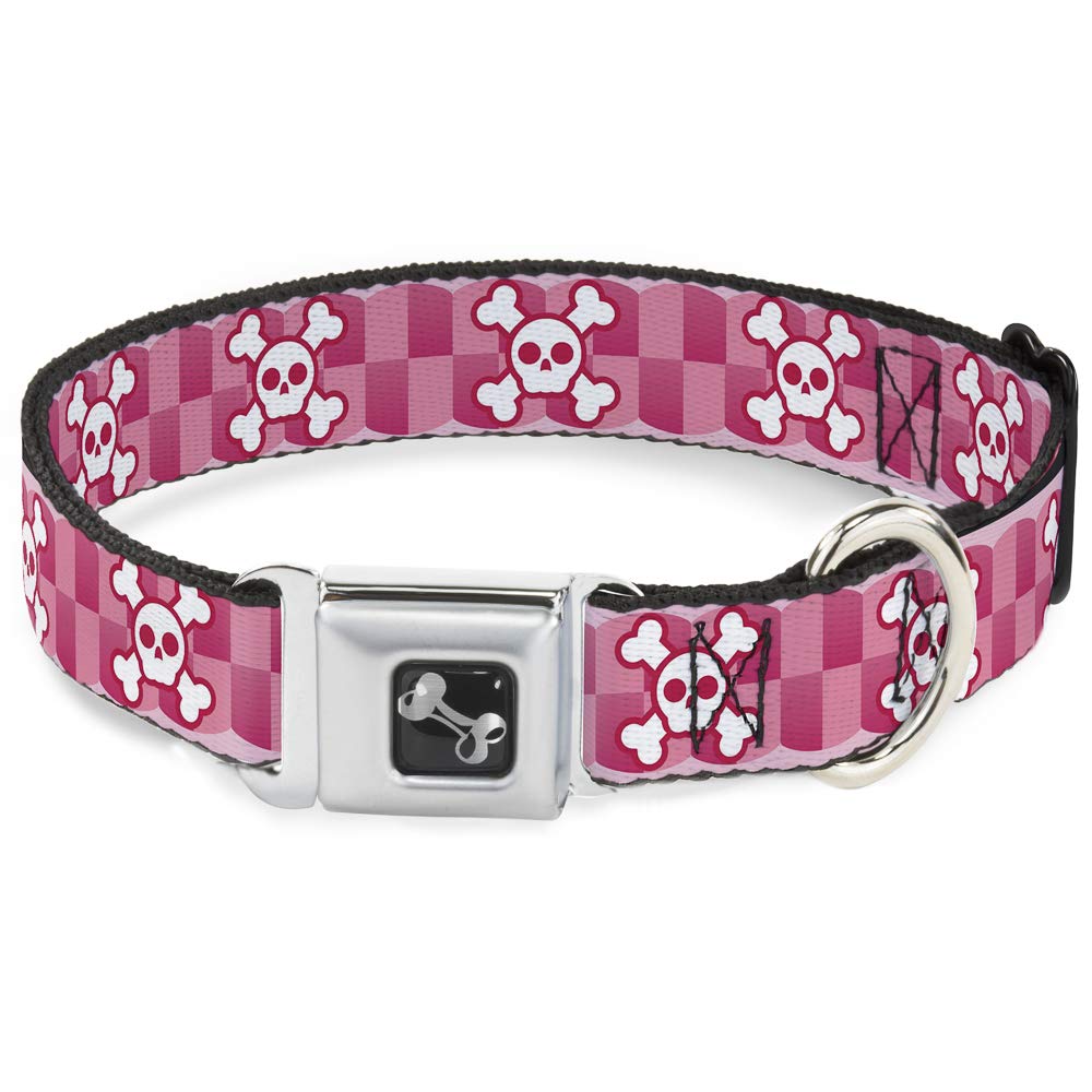 Buckle-Down Seatbelt Buckle Dog Collar - Cute Skulls W/Checkers Pinks/White - 1 Wide - Fits 9-15 Neck - Small
