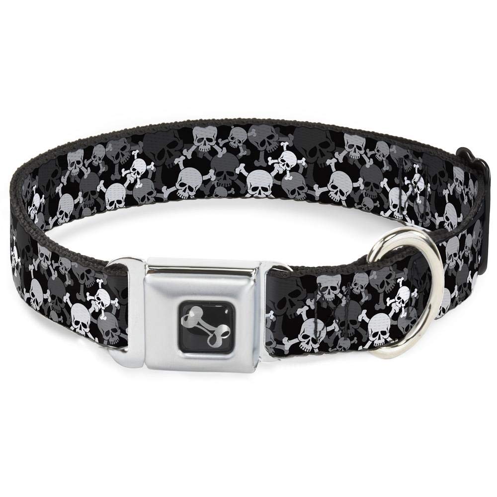 Buckle-Down Seatbelt Buckle Dog Collar - Top Skulls Stacked Black/Gray/White - 1.5' Wide - Fits 18-32' Neck - Large