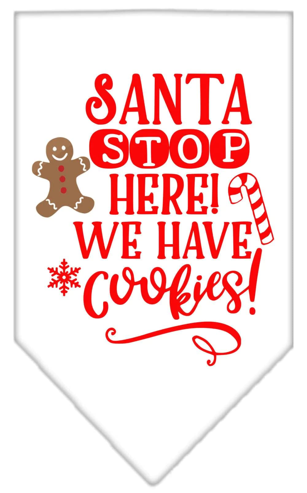 Christmas Pet and Dog Bandana Screen Printed, "Santa, Stop Here! We Have Cookies!" White Small