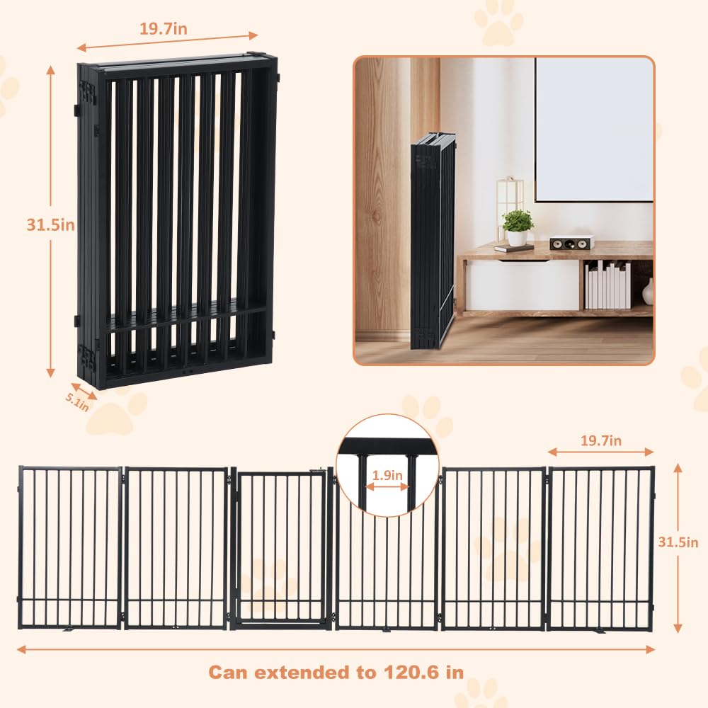SMONTER Free Standing Dog Gate - 120'' Extra Wide Metal Puppy Fence, 31.5'' Height, 6 Panels, Black, Model GWL006