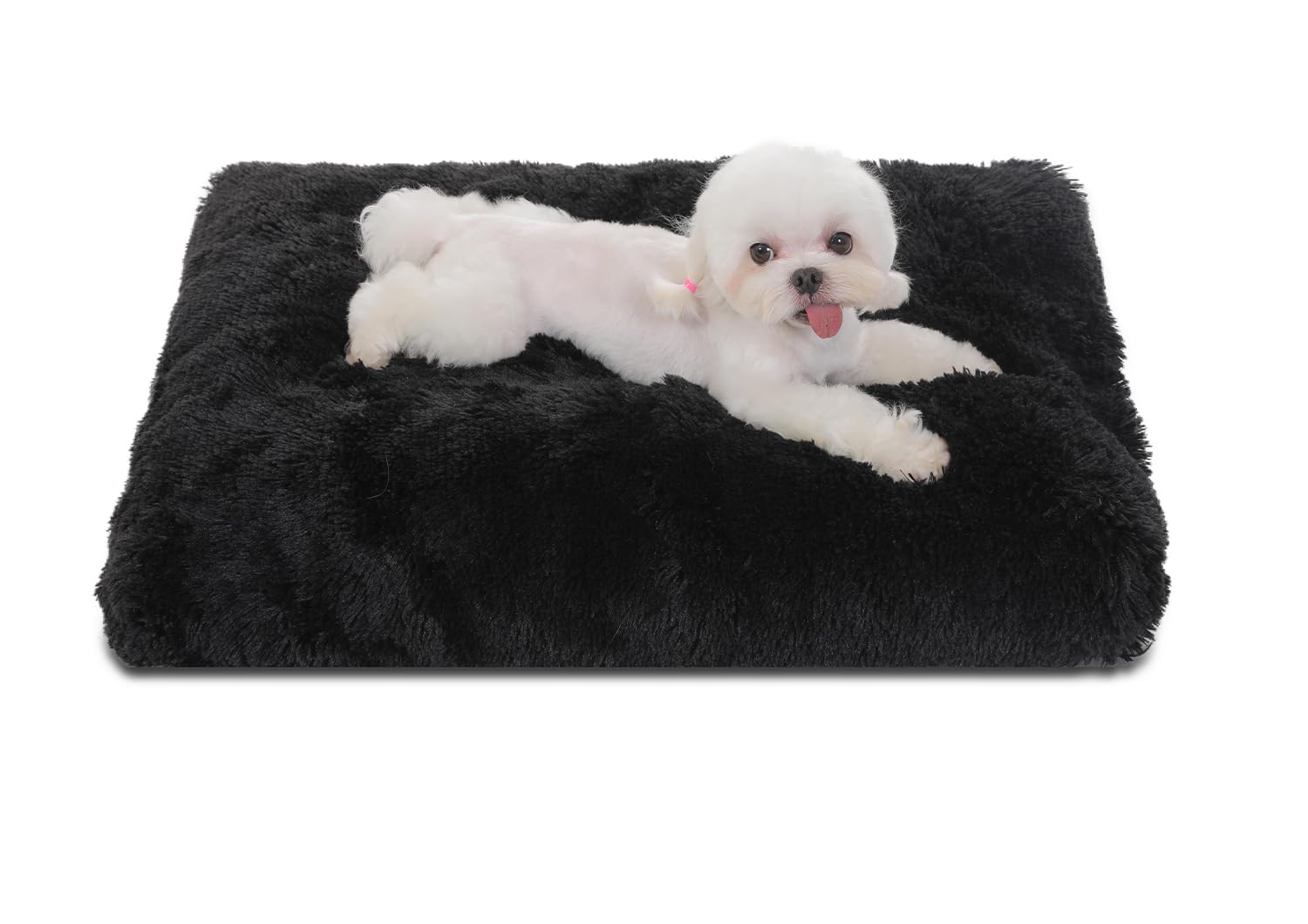 Bedfolks Plush Dog Crate Pad, Washable Dog Kennel Bed, Faux Fur, 17''X12'', Black