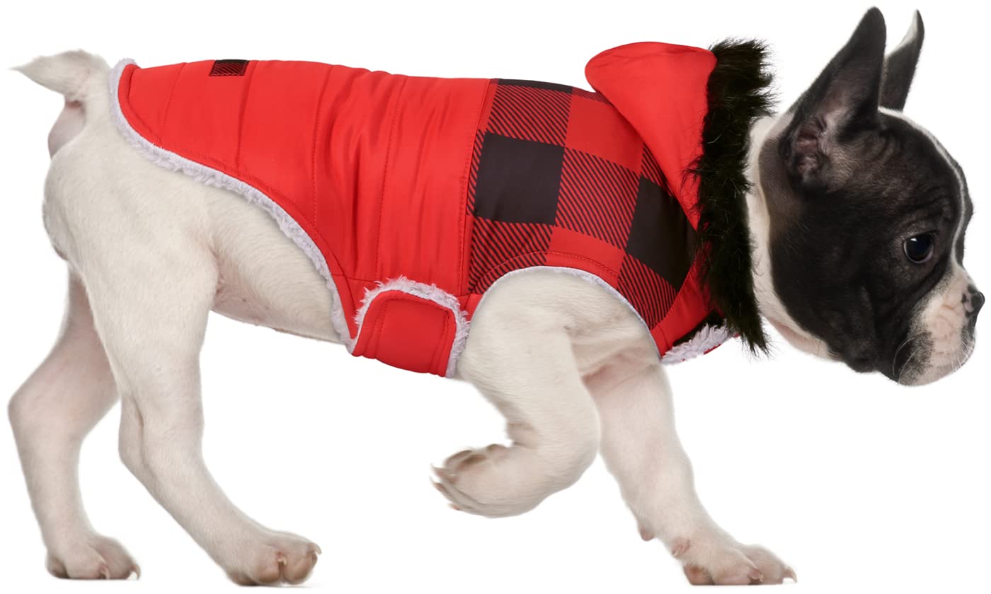 Hde Dog Puffer Jacket Fleece Lined Warm Dog Parka Winter Coat With Harness Hole Buffalo Plaid - M