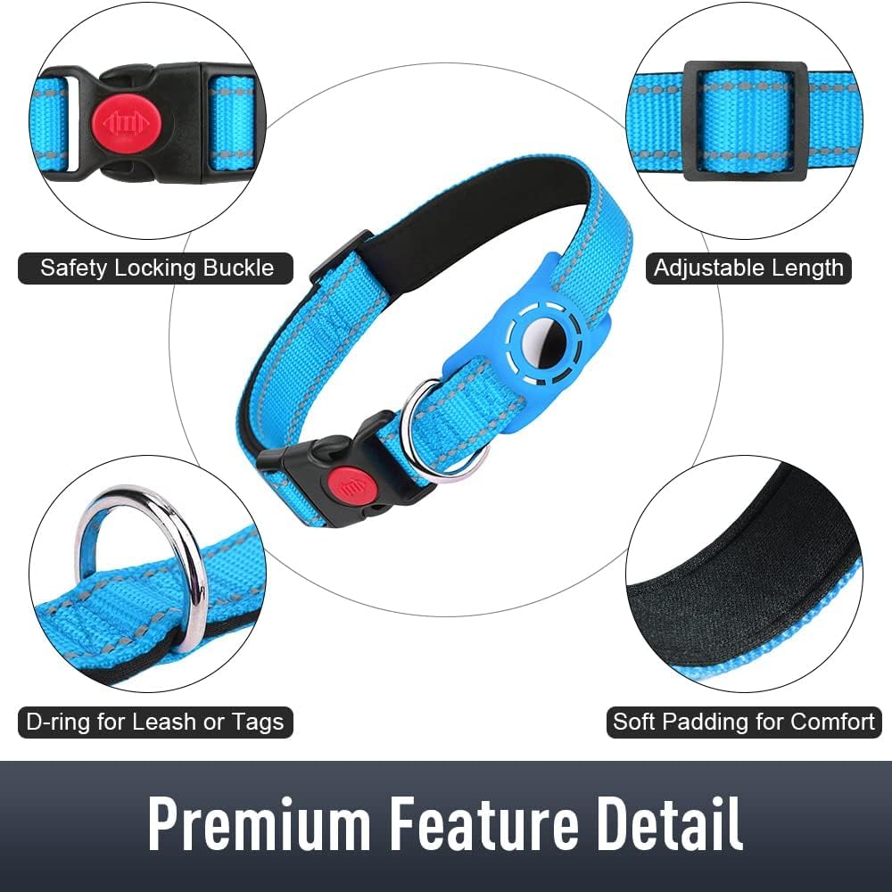 Erbine Airtag Dog Collar For Large Dogs, Reflective Dog Collars With Airtag Holder, Soft Padded & Safety Locking Buckle, Nylon Pet Collar Adjustable For All Breeds, Skyblue