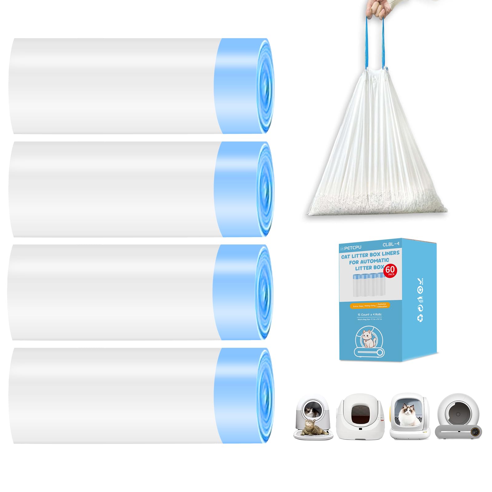 60 Count Cat Litter Box Liners For Self-Cleaning Cat Litter Box, Replaced Kitty Litter Liners, 19.7 X 17.7 Inch Drawstring Trash