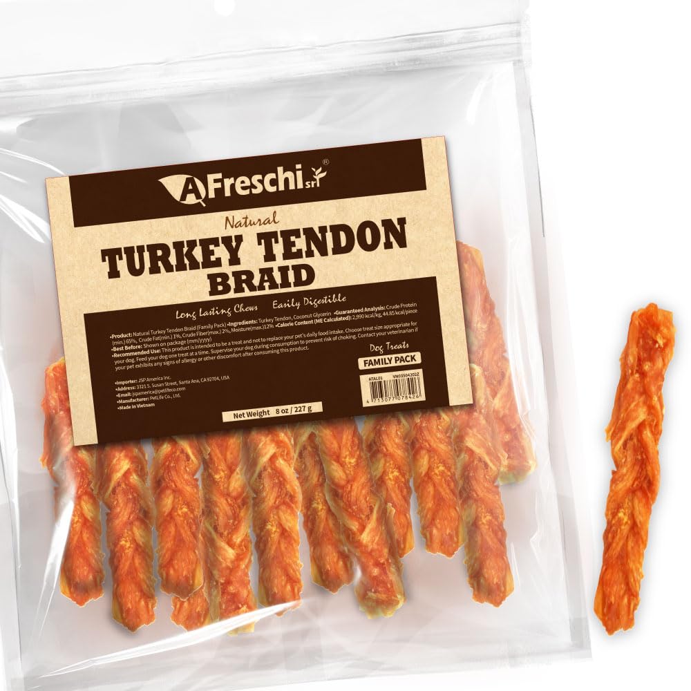 A Freschi srl Turkey Tendons for Dogs, Rawhide-Free, Hypoallergenic Treats, 8 oz Braid, Healthy Chews for Medium Breeds
