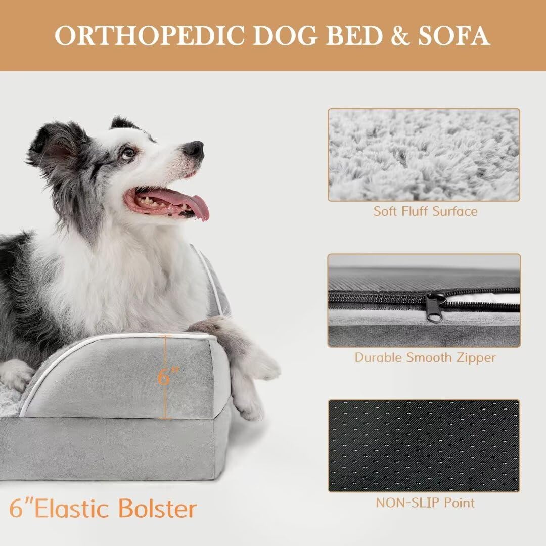 Comfort Expression Xxl Dog Bed For Extra Large Dogs, Cooling Dog Bed, Orthopedic Memory Foam Dog Bed For Giant Dogs, Waterproof Dog Bed With Bolster & Removable Cover(Xx-Large,Light Grey)