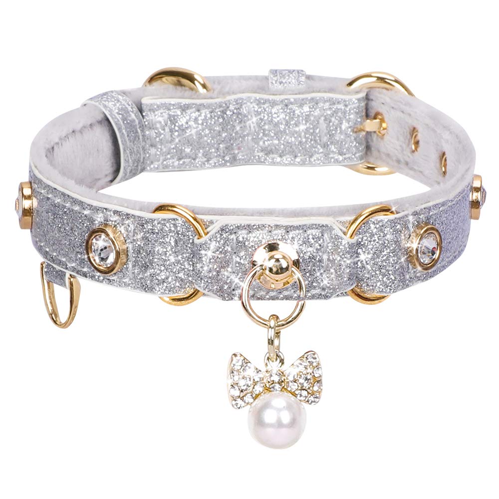 Petshome Cat Collar, Dog Collar, [Bling Rhinestones] Pu Leather Adjustable Pet Collar With Luxury Pendant For Cat And Small Dog Extra Small Silvery