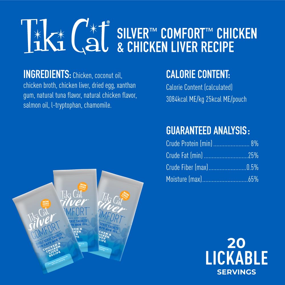 TIKI PETS Tiki Cat Silver Comfort Chicken & Chicken Liver Recipe, 5.6 oz, Silver Comfort Mousse, 20 Sachets