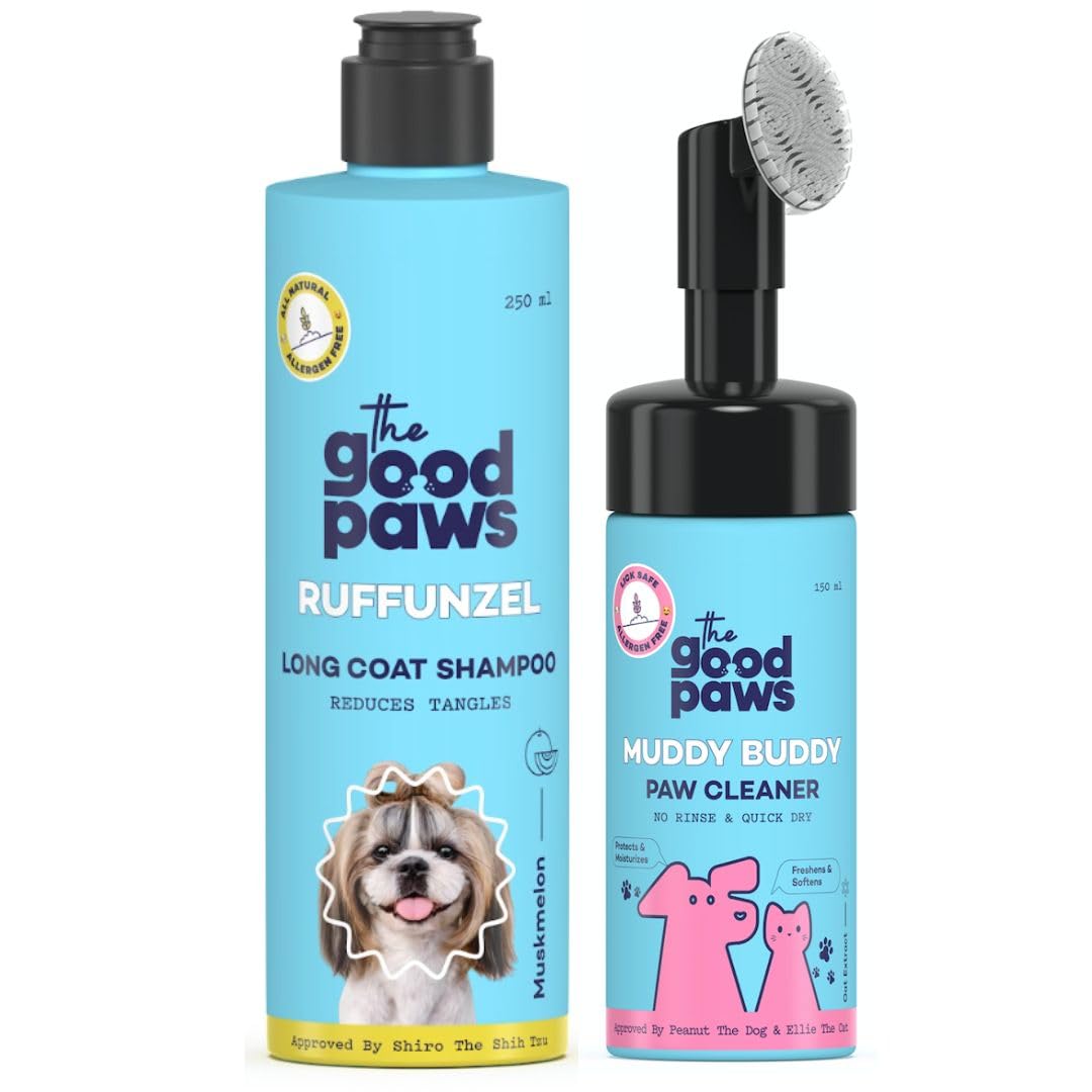 The Good Paws Pair Ruffunzel Dog Shampoo 250 Ml & Muddy Buddy Paw Cleaner 150 Ml, No Rinse, Quick Dry & Tangle-Free, For Dogs & 