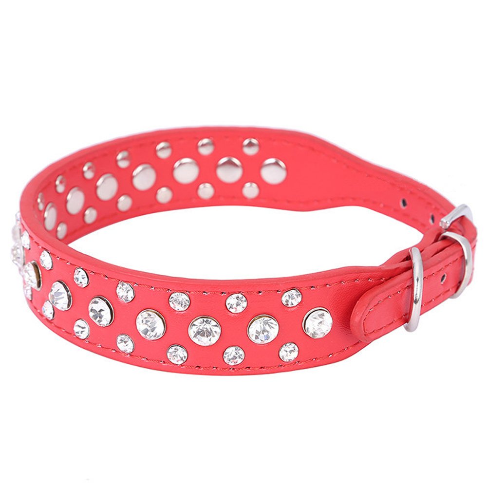 Dogs Kingdom 12-20 Length Personalized Rhinestone Leather Bling Crystal Pet Dog Cat Collars For Small Medium Breeds Red Xs